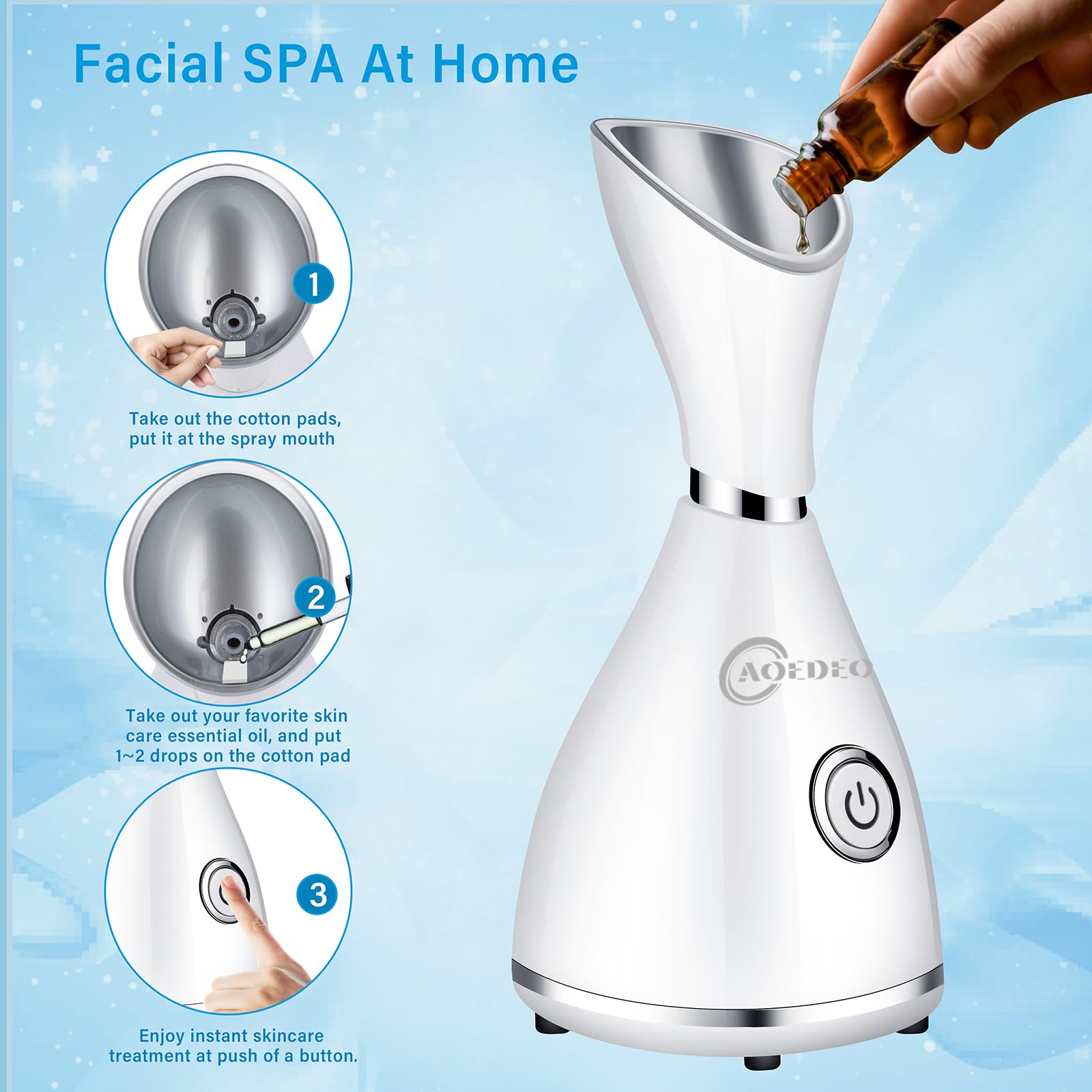 AOEDEO Nano Ionic Face Steamer kit image showing four-piece stainless steel skin kit and accessories.