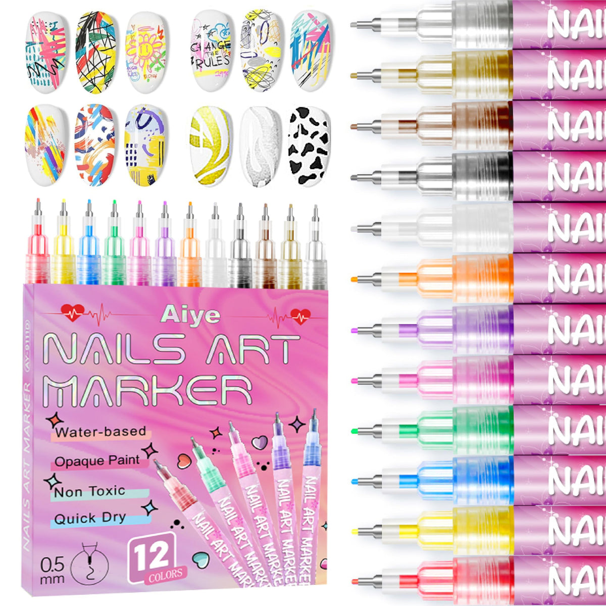 AOKELEON 12-color nail art pens display for versatile design ideas and fast results
