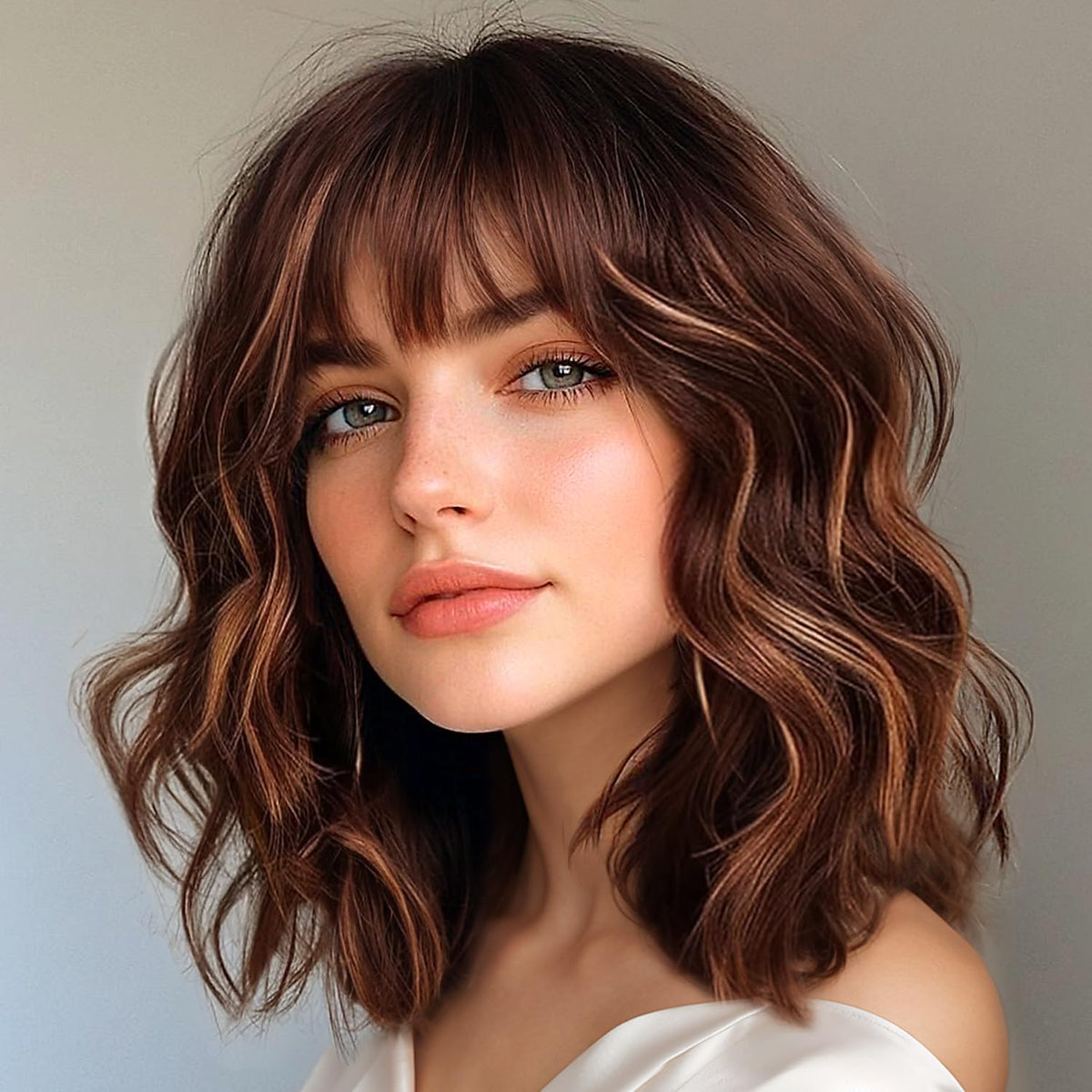 Aokiya Bob Wavy Wig in reddish caramel brown for versatile everyday looks.