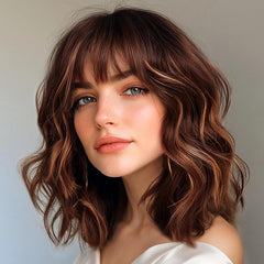 Aokiya Bob Wavy Wig in reddish caramel brown for versatile everyday looks.