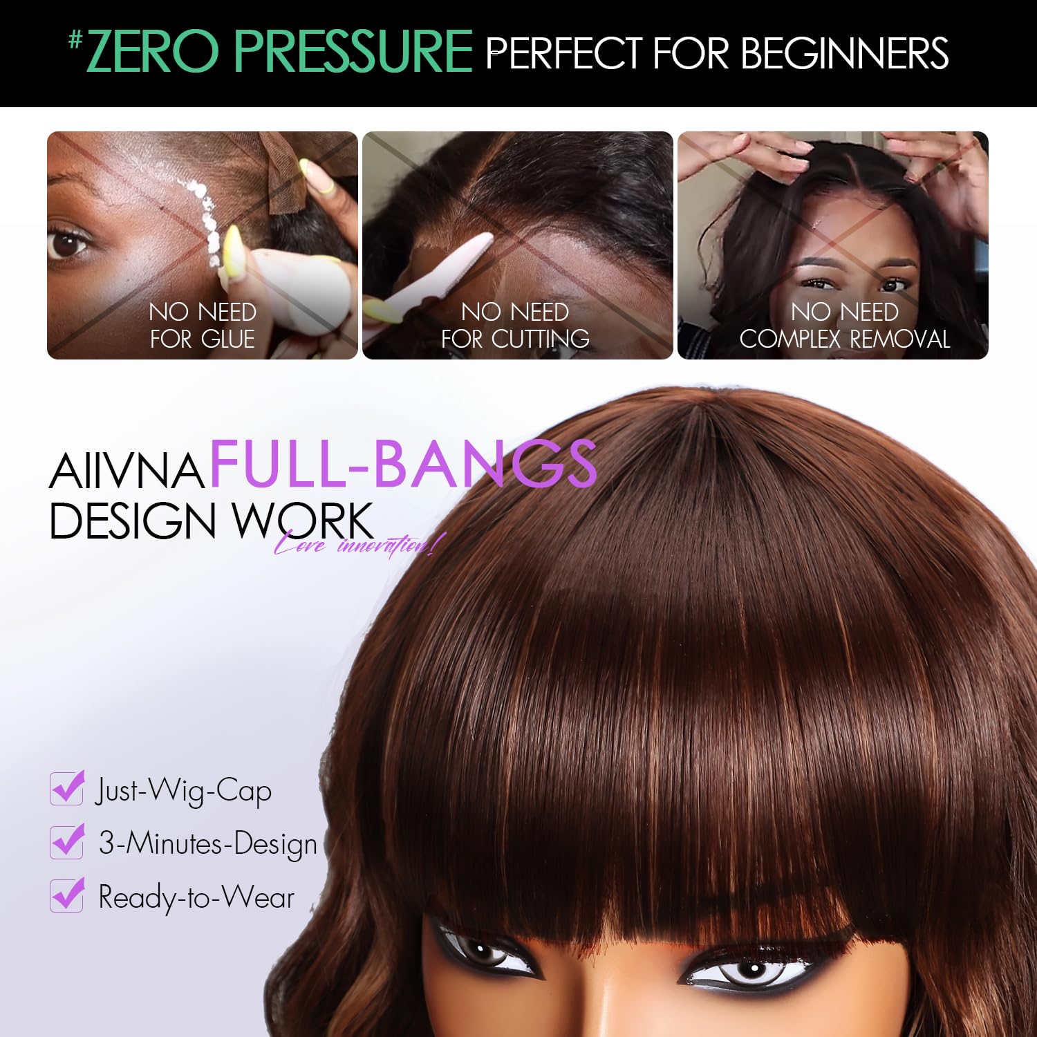 Aokiya Bob Wavy Wig bangs and shoulder-length silhouette for quick styling.