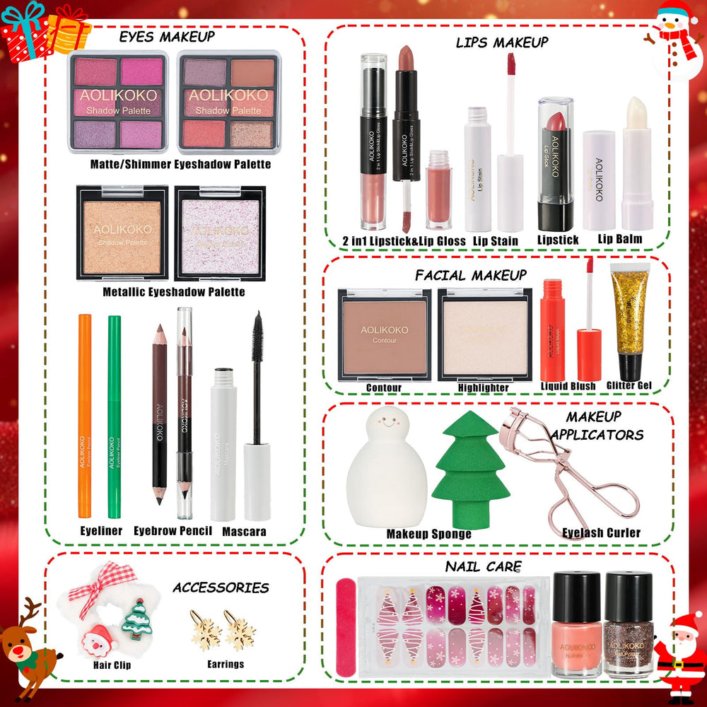 AOLIKOKO makeup kit collection including blush, contour, and highlighter for versatile holiday looks.