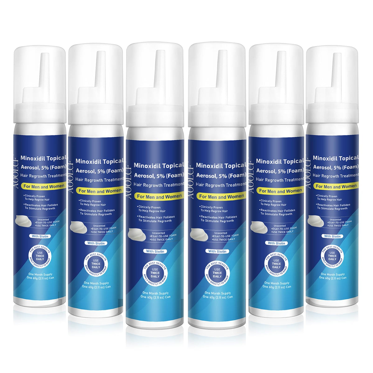 AOOLCF 5% Minoxidil foam bottle shows hair growth for men and women.
