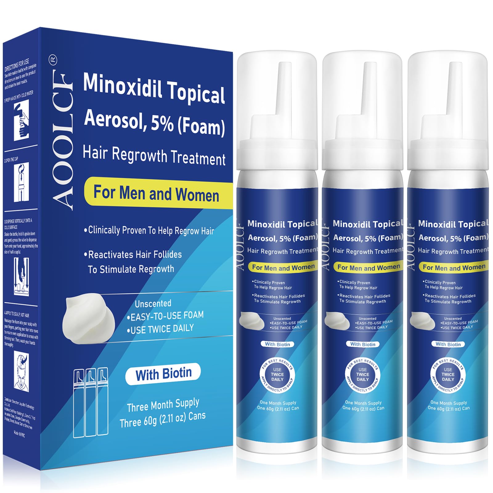 AOOLCF Minoxidil foam label front for easy-to-use packaging and routine application.