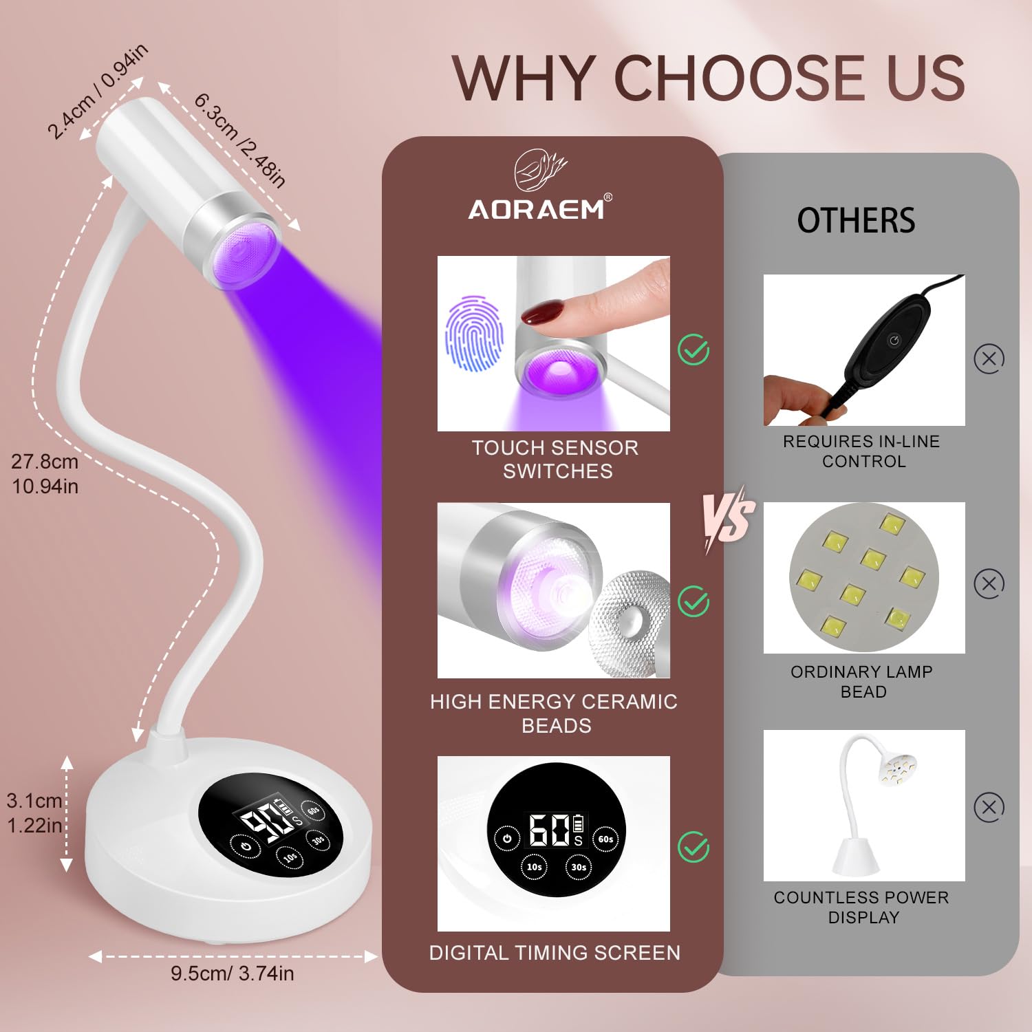 AORAEM UV LED Nail Lamp durable ABS-aluminum construction for long-lasting use