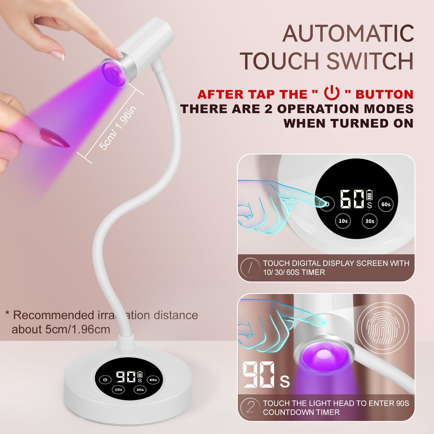 AORAEM UV LED Nail Lamp side view showcasing gooseneck flexibility for precise curing