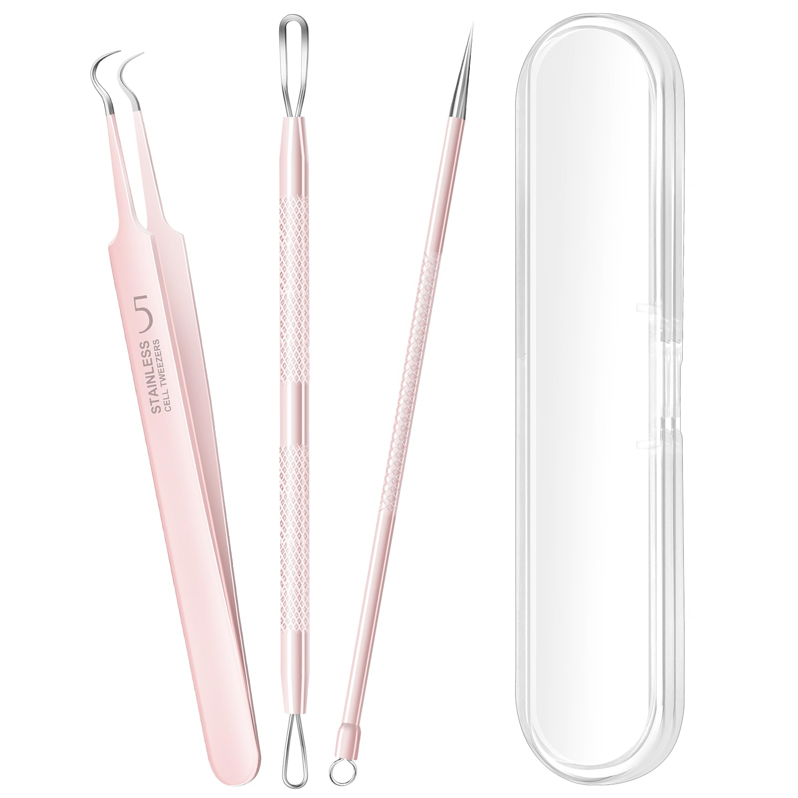 Aosnare 3PCS pimple extractor kit pink front view for hygienic, at-home pore care.