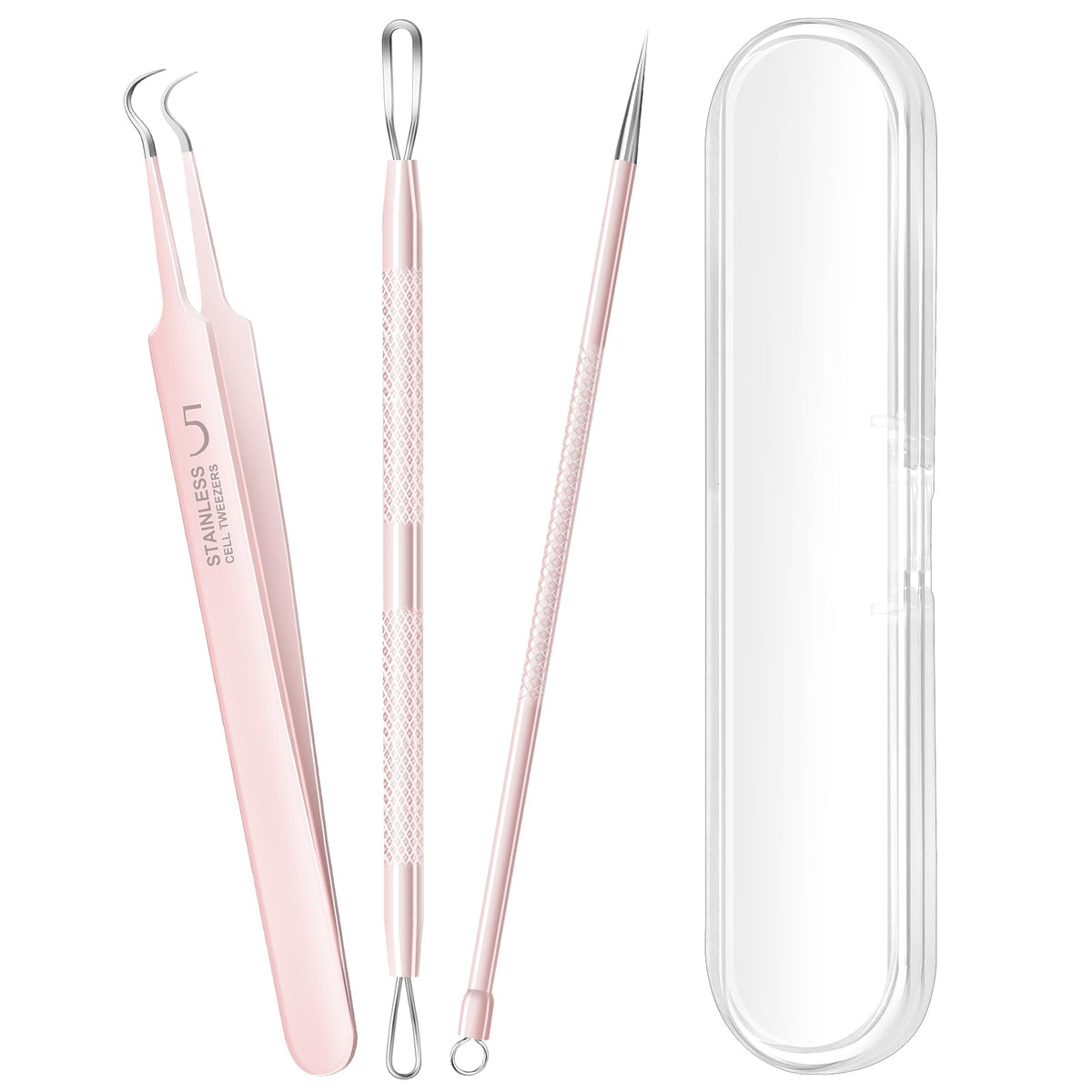 Aosnare 3PCS pimple extractor kit pink front view for hygienic, at-home pore care.