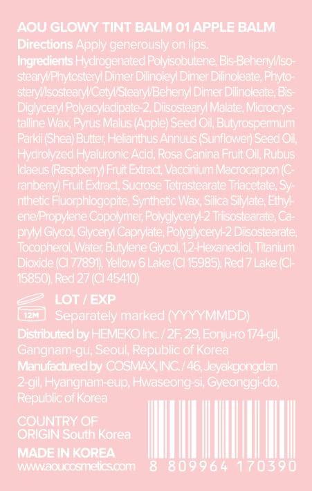 AOU Glowy Tint Balm Apple Balm ingredients list highlights natural extracts.