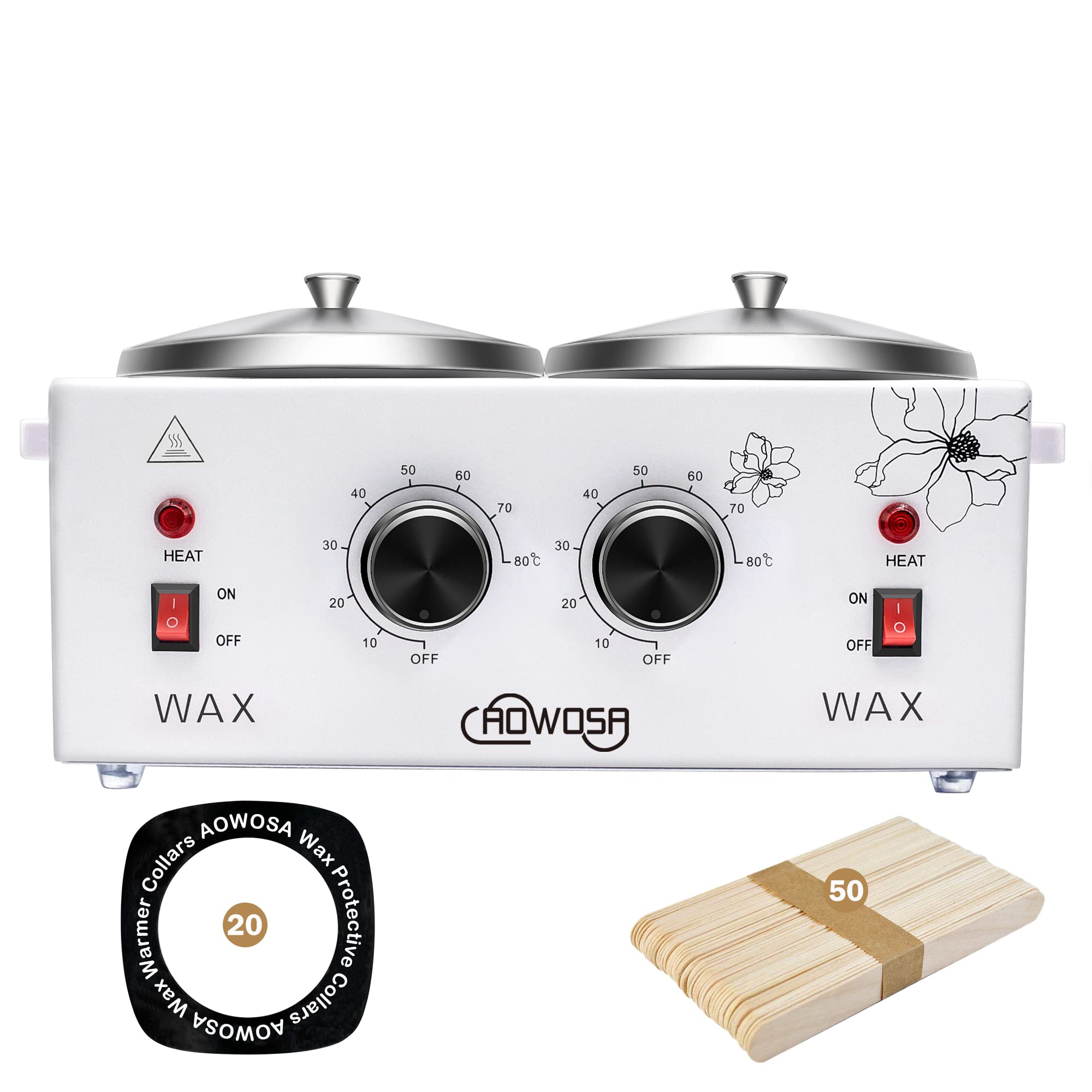 AOWOSA professional wax warmer double pot front view, reliable heating for efficient waxing sessions.