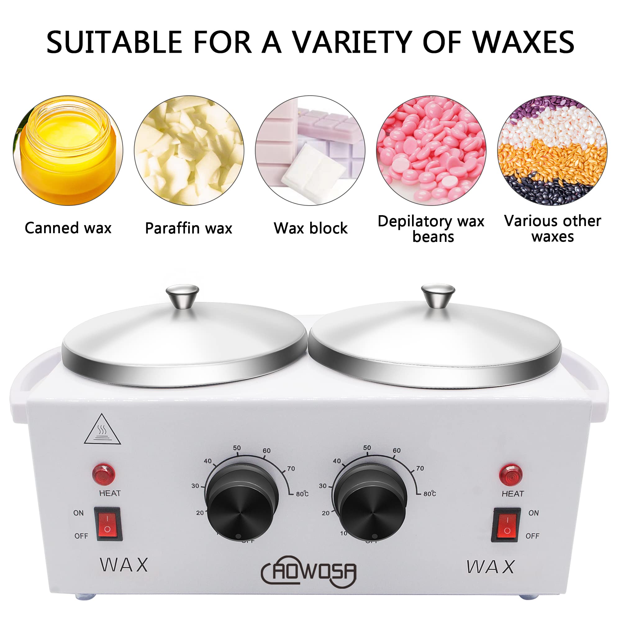 AOWOSA wax warmer dual-pot side view, highlighting dual heating capability