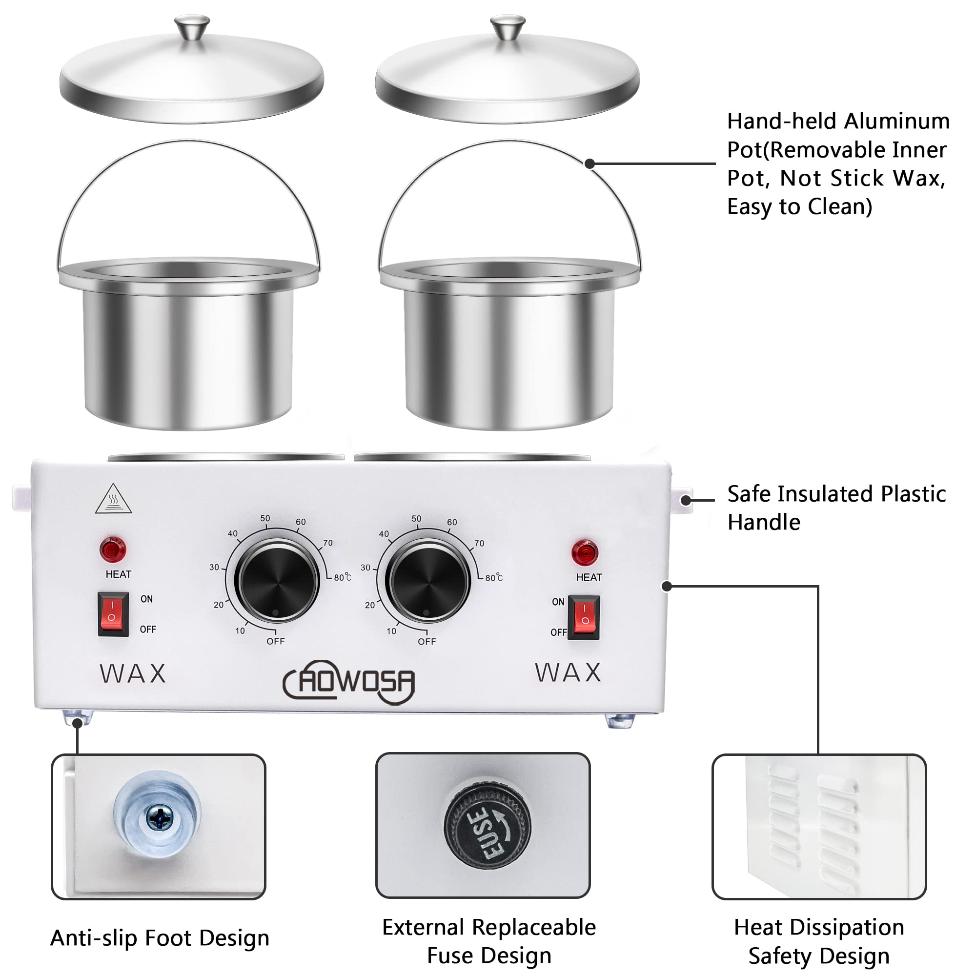 AOWOSA wax warmer left pot control demonstrates independent heating for customization