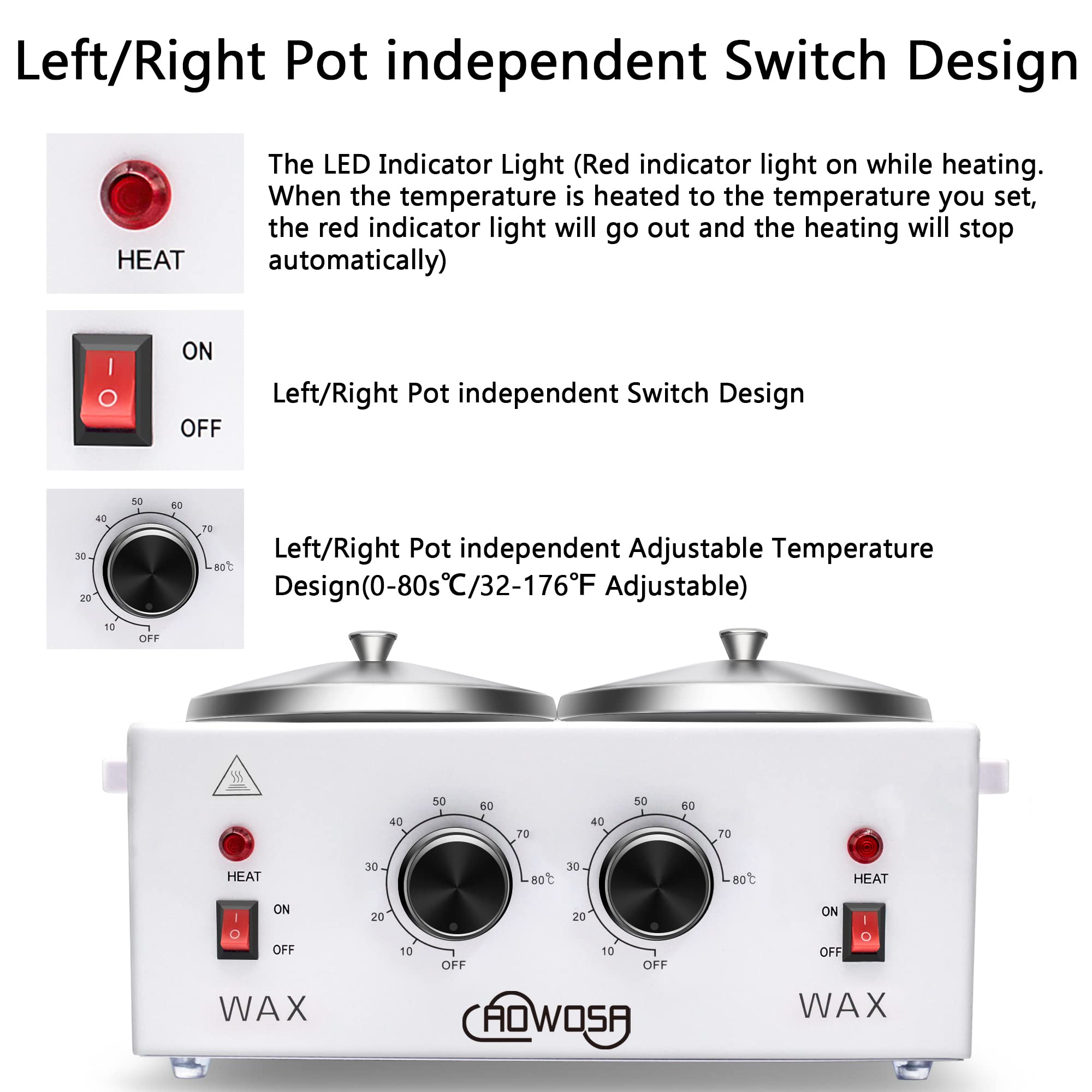 AOWOSA wax warmer right pot control enables parallel temperature settings for wax types
