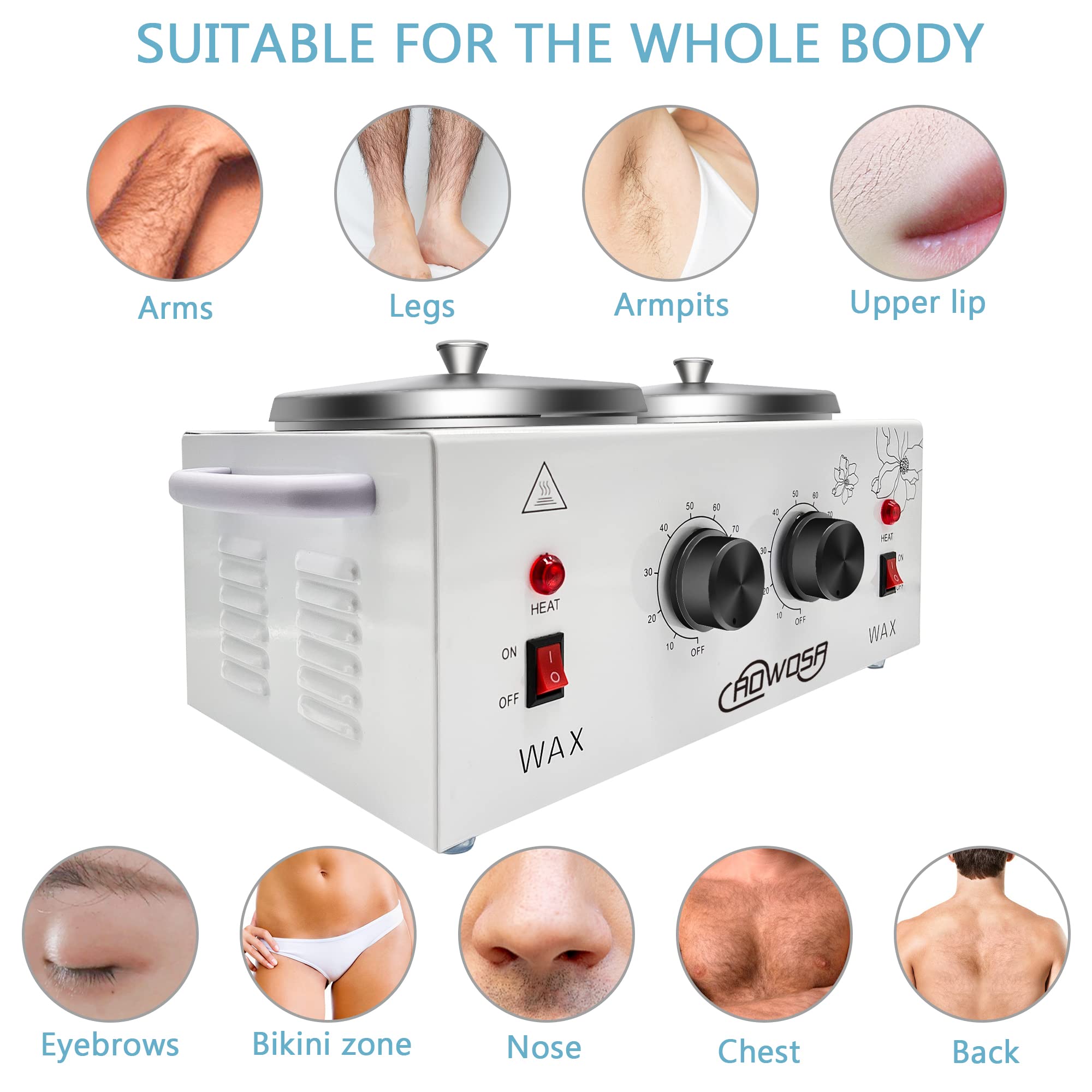 AOWOSA wax warmer accessories image, includes 50 sticks and 20 collars.