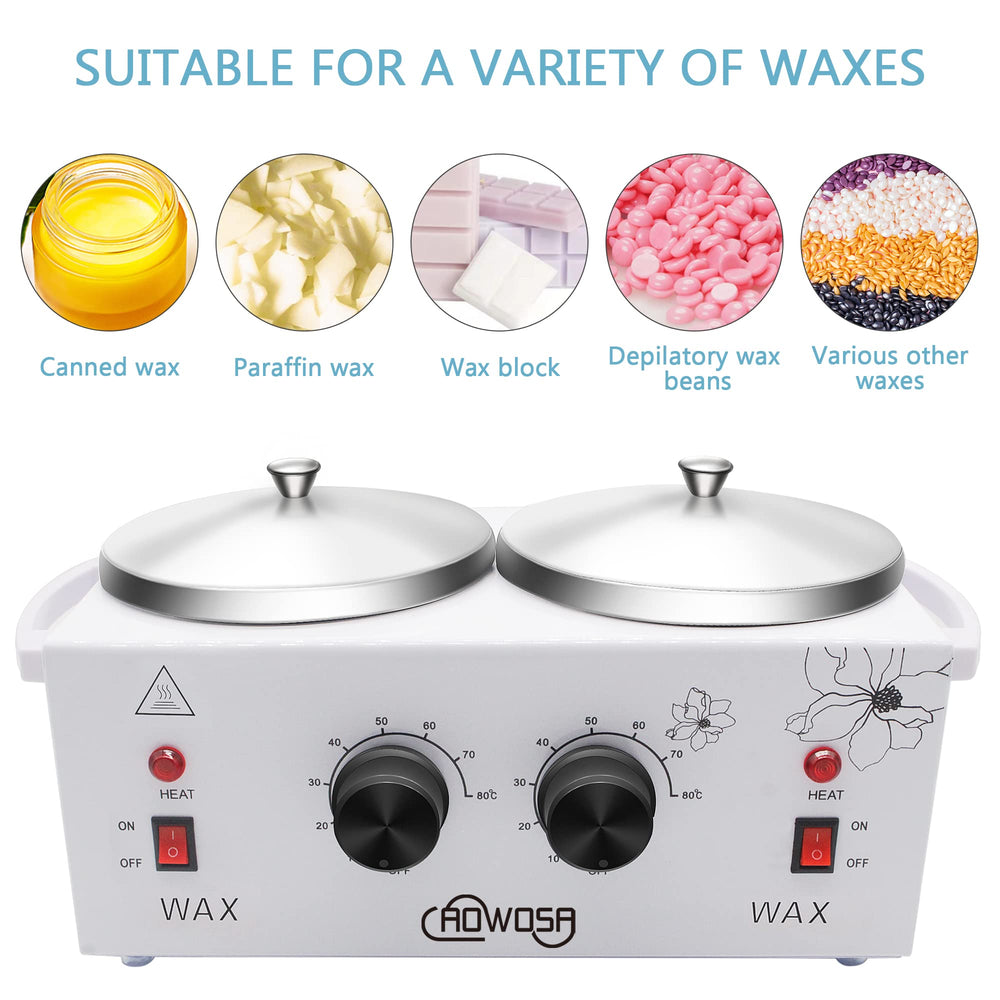 AOWOSA wax warmer dual chamber top view, spacious design for multi-treatment setups.