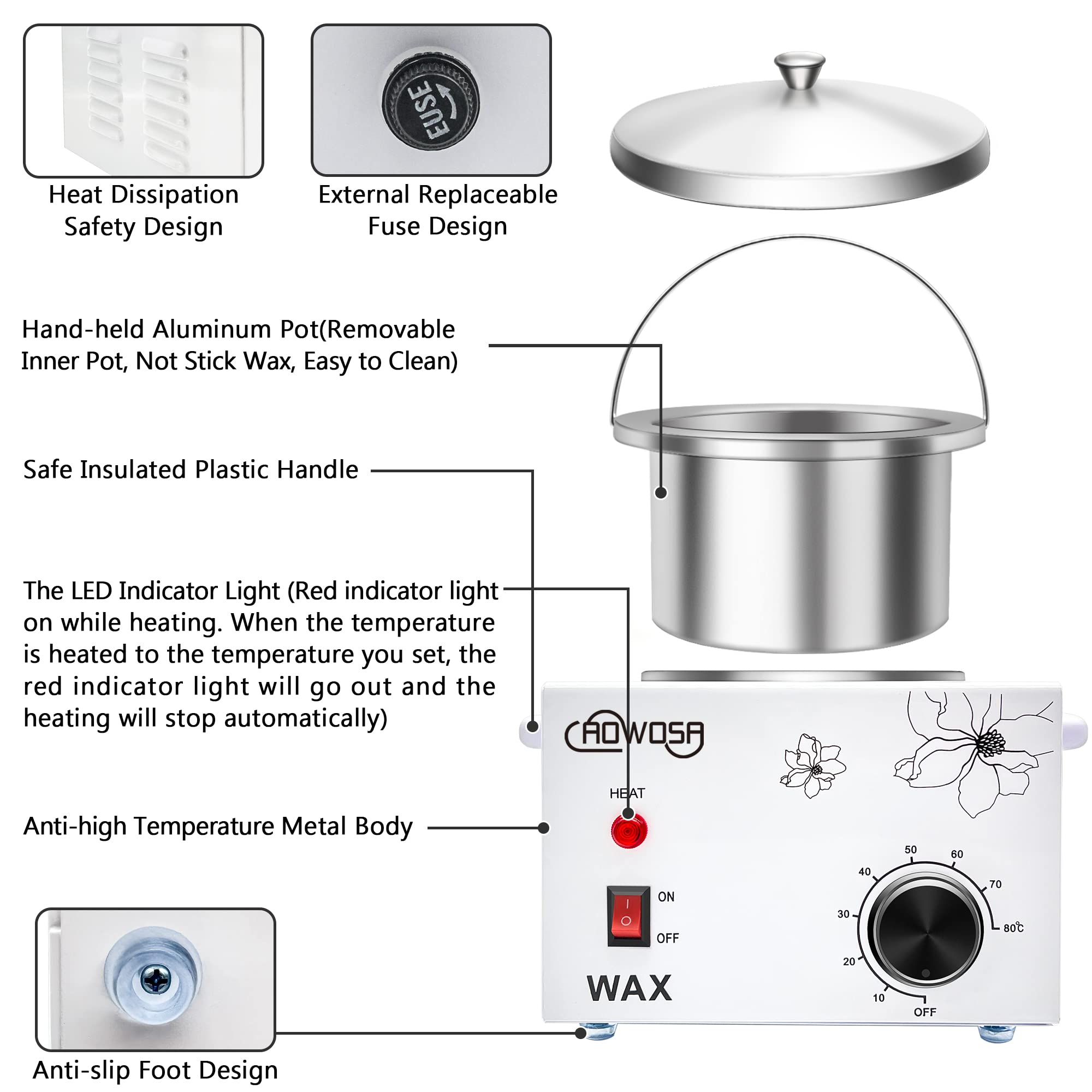 AOWOSA wax warmer removable pot for easy cleaning after waxing sessions.