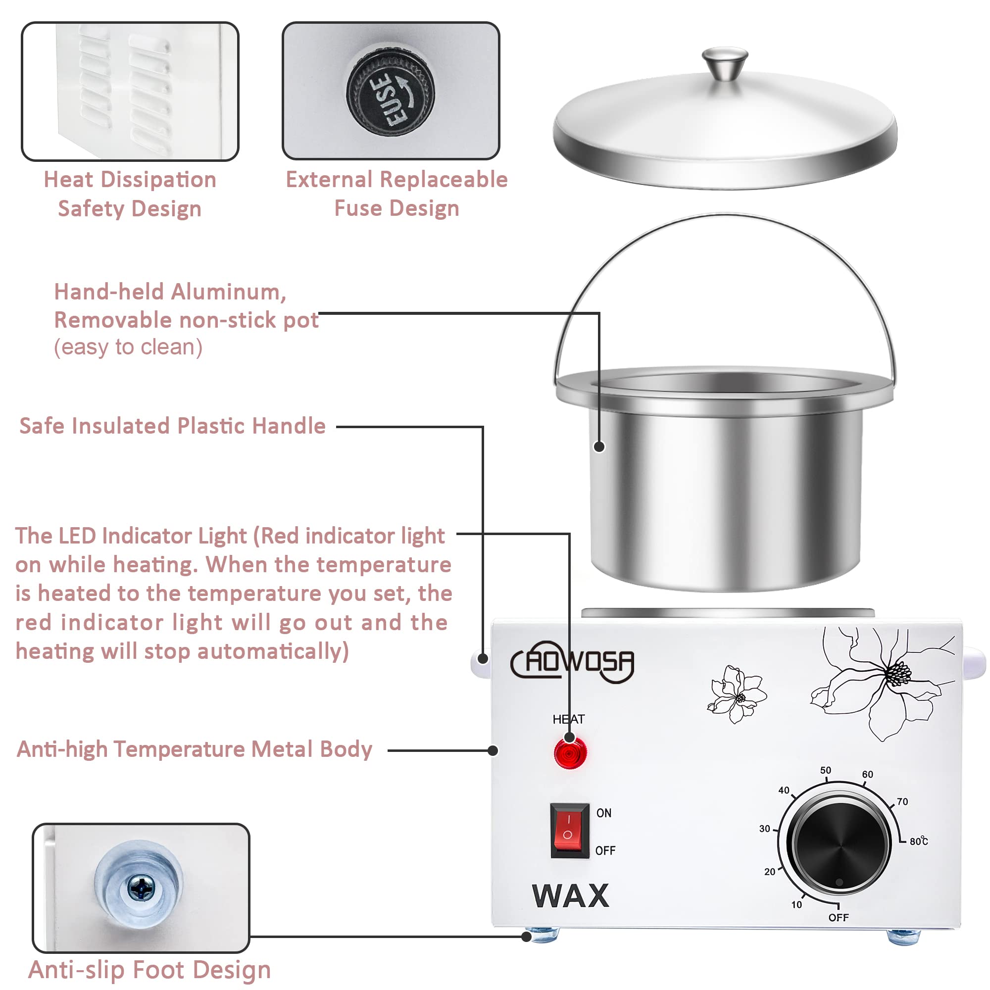 AOWOSA wax warmer temperature control panel illustrates precise settings for consistent results.
