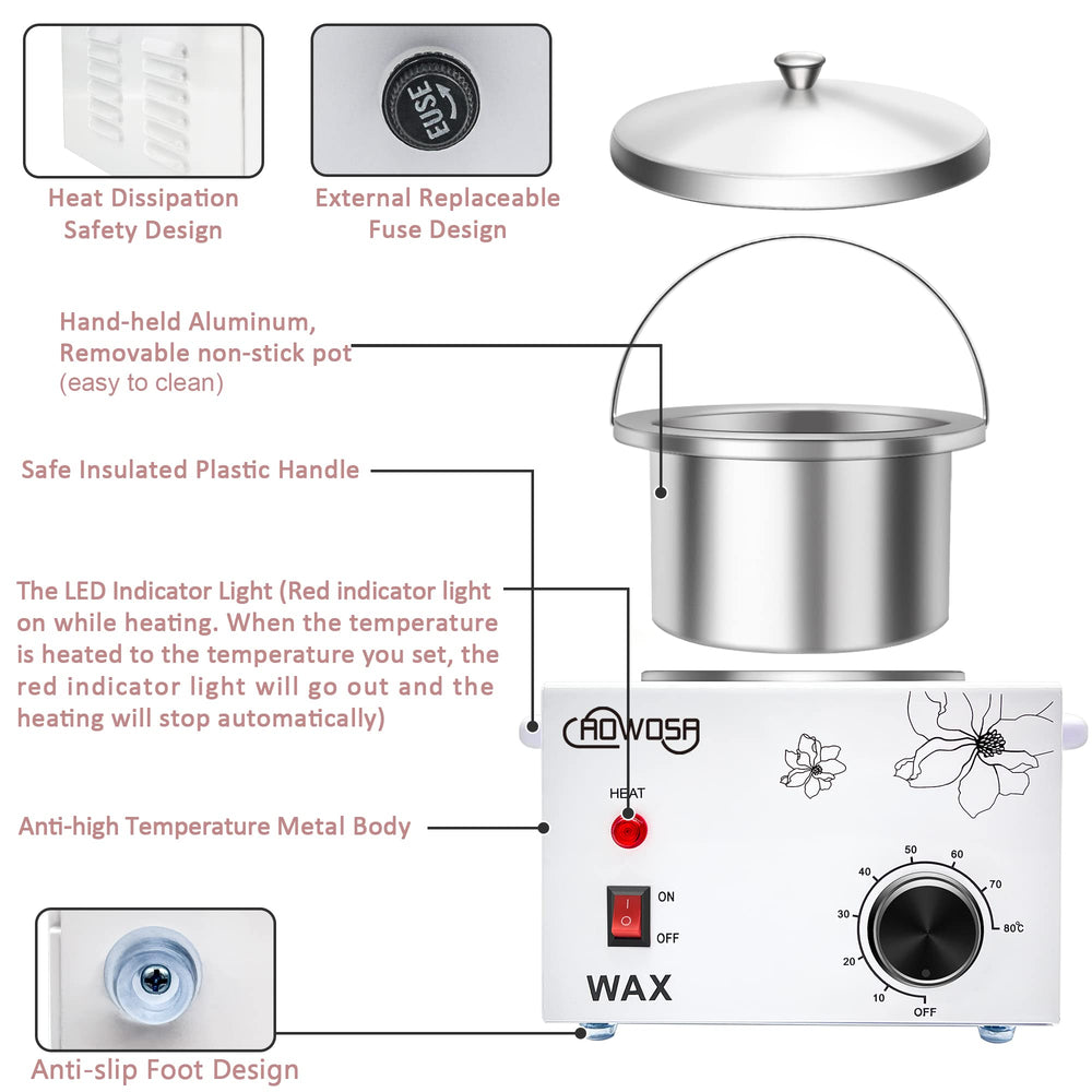 AOWOSA wax warmer temperature control panel illustrates precise settings for consistent results.