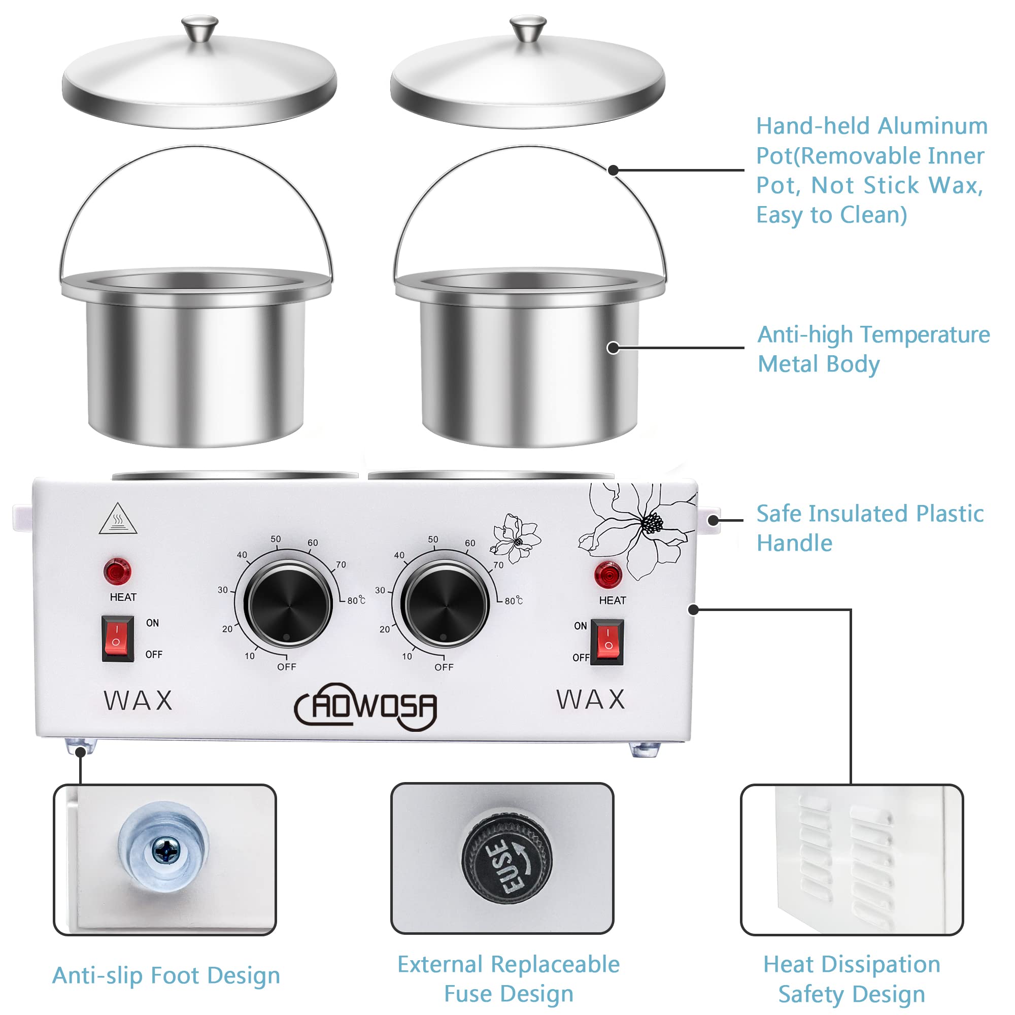AOWOSA wax warmer temperature dials closeup, independent controls across sides.