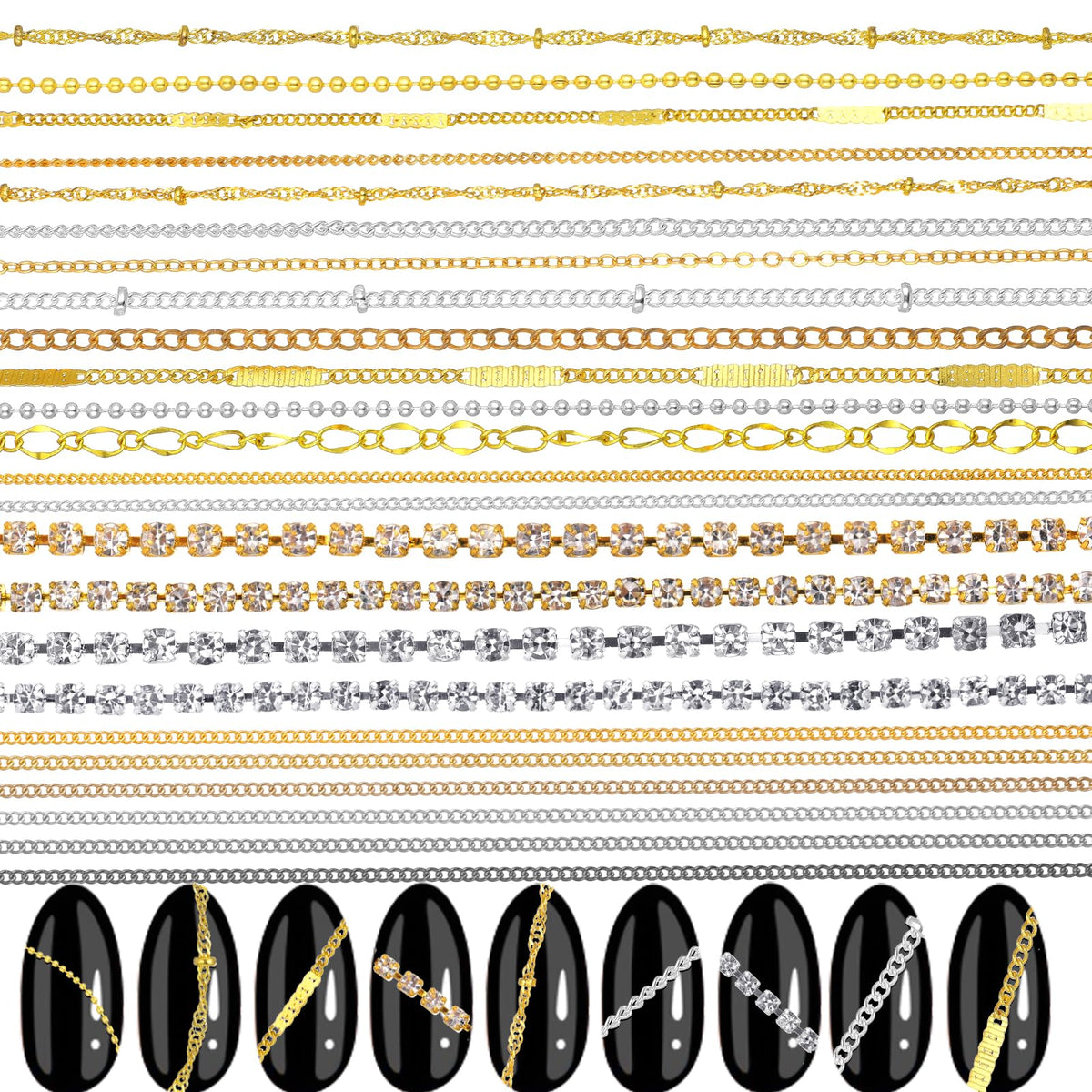 AOZUO nail chains in four colors add versatile shimmer to nails.