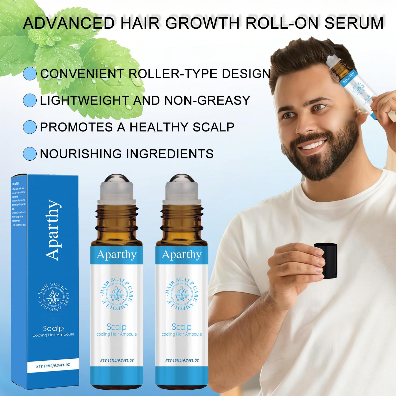 Aparthy hair growth roll-on bottle closeup highlights compact, portable packaging for on-the-go care.
