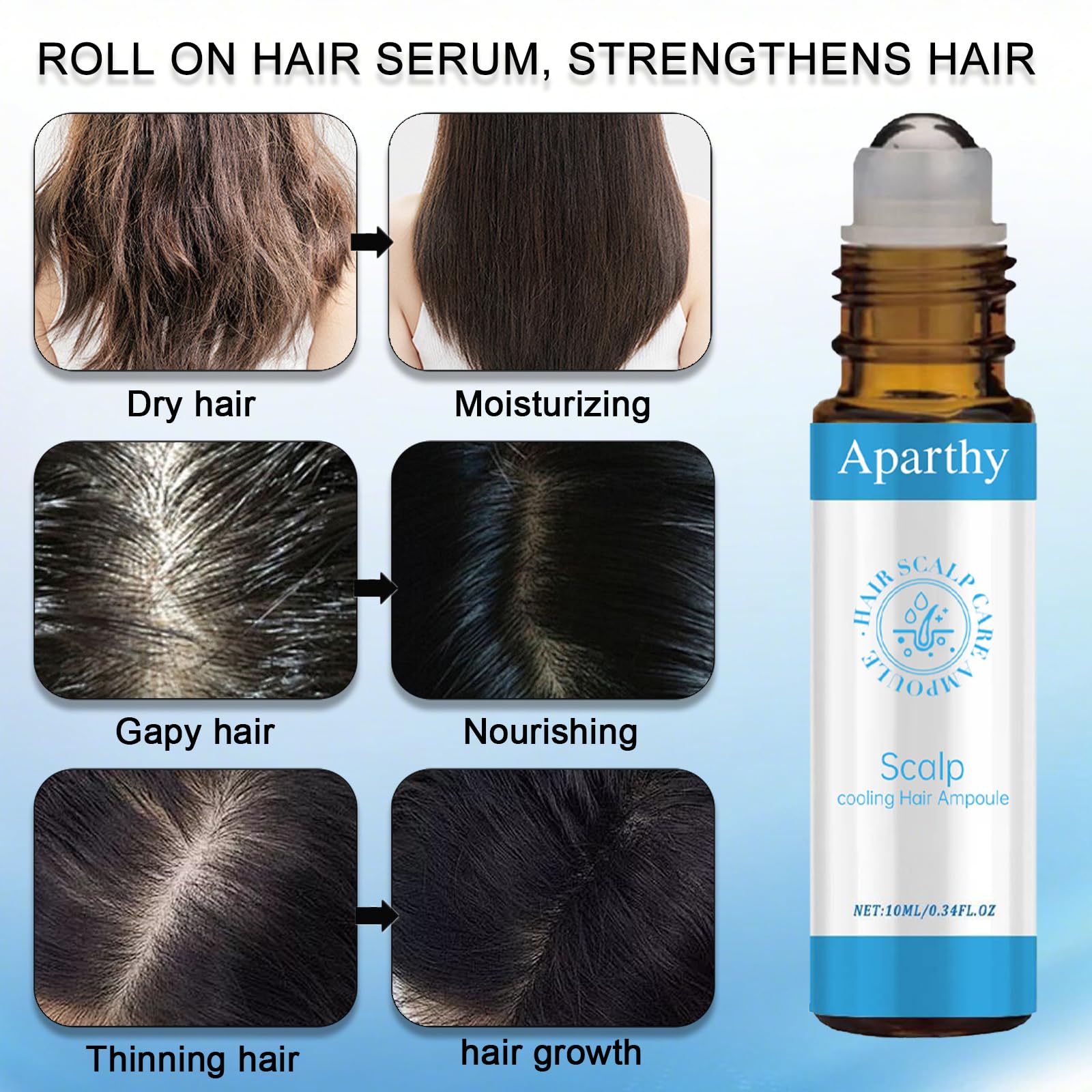 Aparthy hair growth roll-on in hand demonstrates convenient, non-messy application for all hair types.