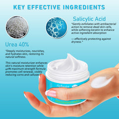 Aphesia Urea 40% cream on heels signaling smoothing of rough skin and calluses.