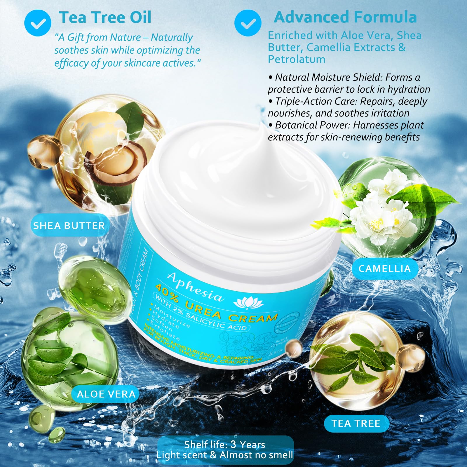Aphesia Urea 40% cream rich texture for fast-absorbing moisture with botanicals.