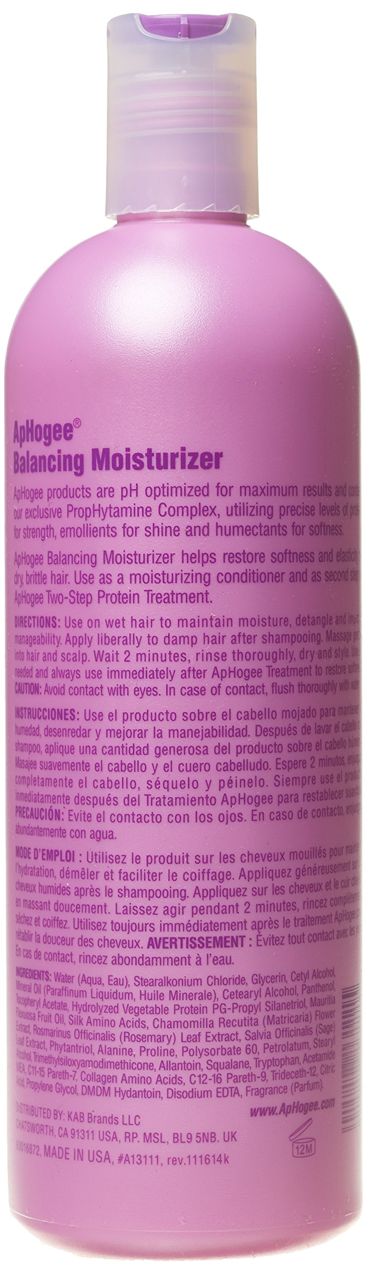 Aphogee Balancing Moisturizer label-closeup highlights ingredients and balanced moisture for hair.