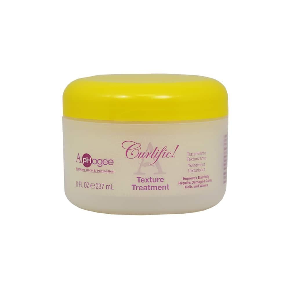 Aphogee Curlific Texture Treatment in-use showing application steps for smoother, defined curls.