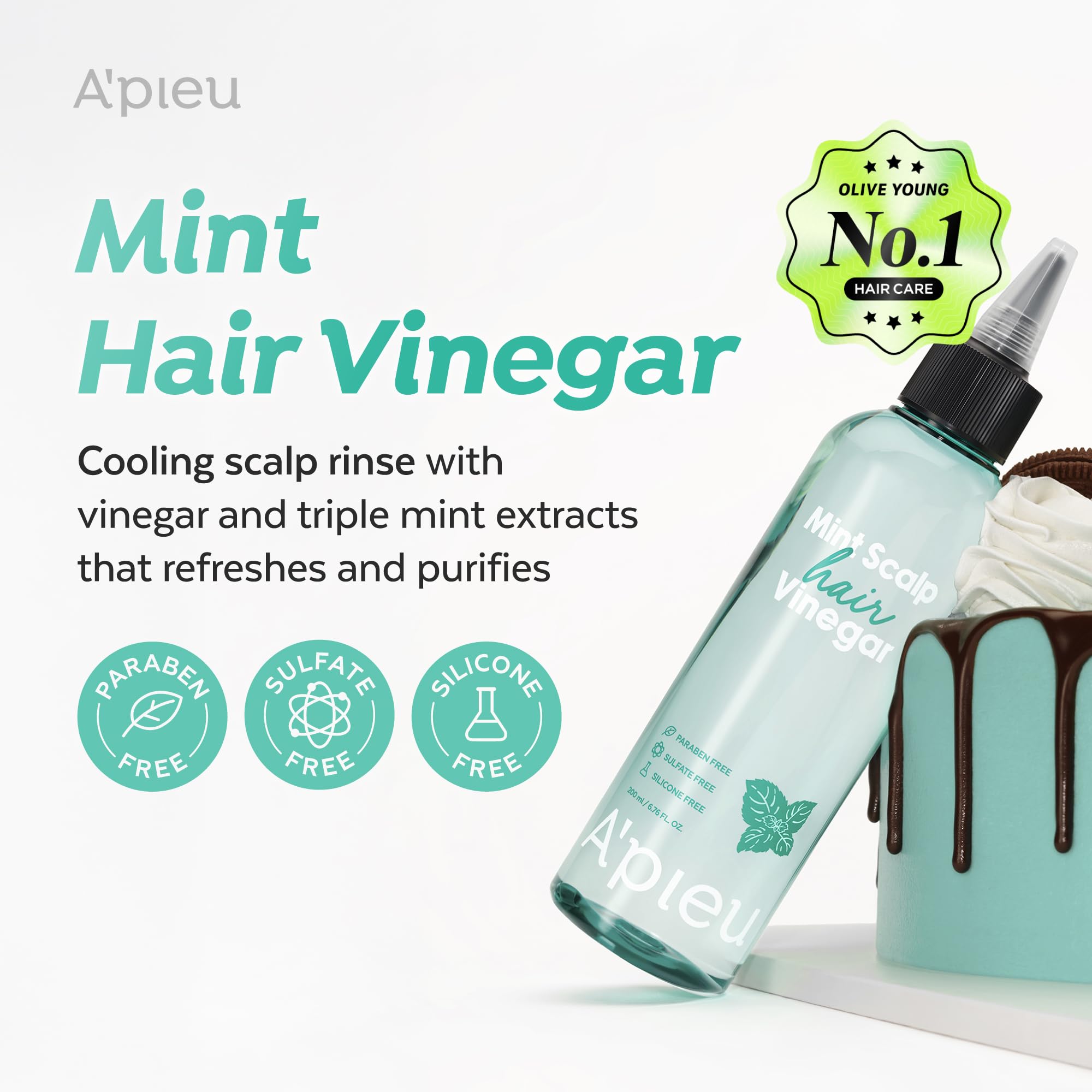 A'PIEU Mint Hair Vinegar label detail highlighting pH-balanced formula for scalp care.