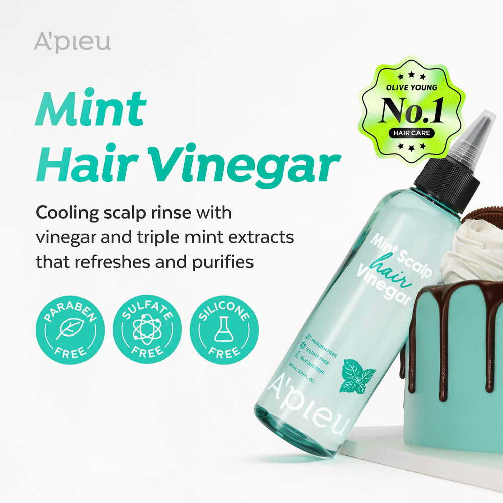 A'PIEU Mint Hair Vinegar label detail highlighting pH-balanced formula for scalp care.