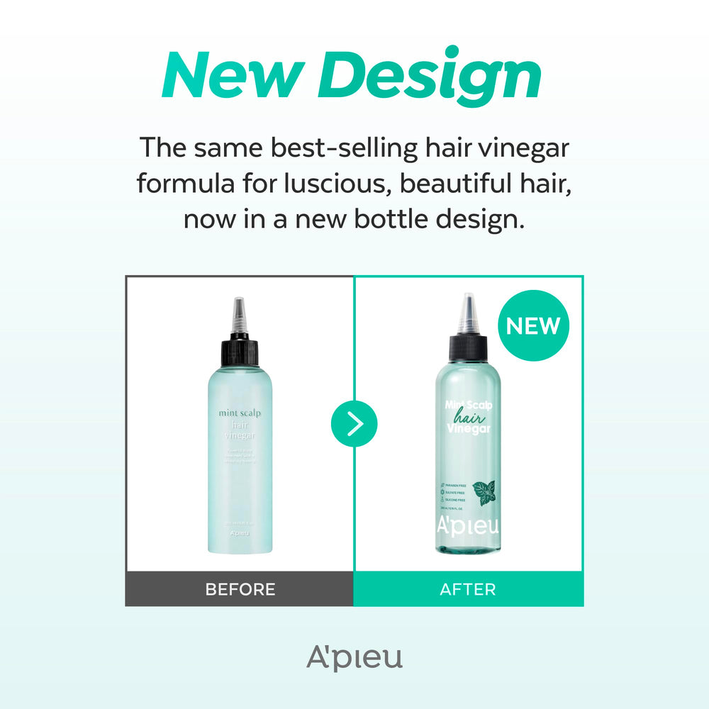 A'PIEU Mint Hair Vinegar mint leaf splash evokes cooling, detox vibe.