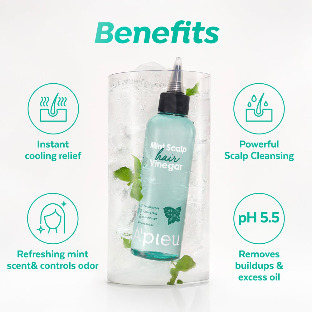 A'PIEU Mint Hair Vinegar rinse application image highlights gentle scalp cleansing action.