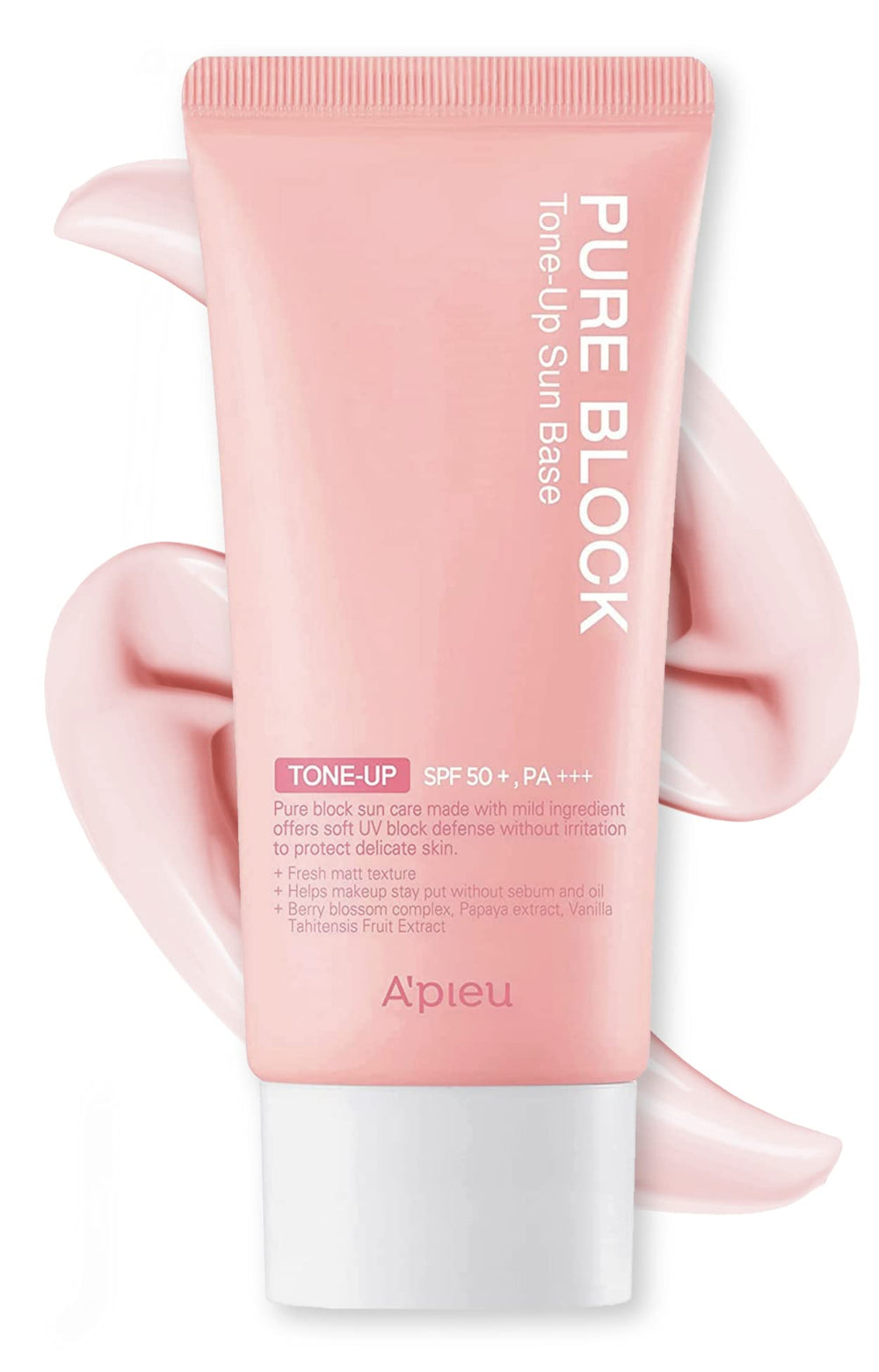 A'PIEU Pure Block Tone Up Sunscreen Base packaging showing a sleek bottle for daily use