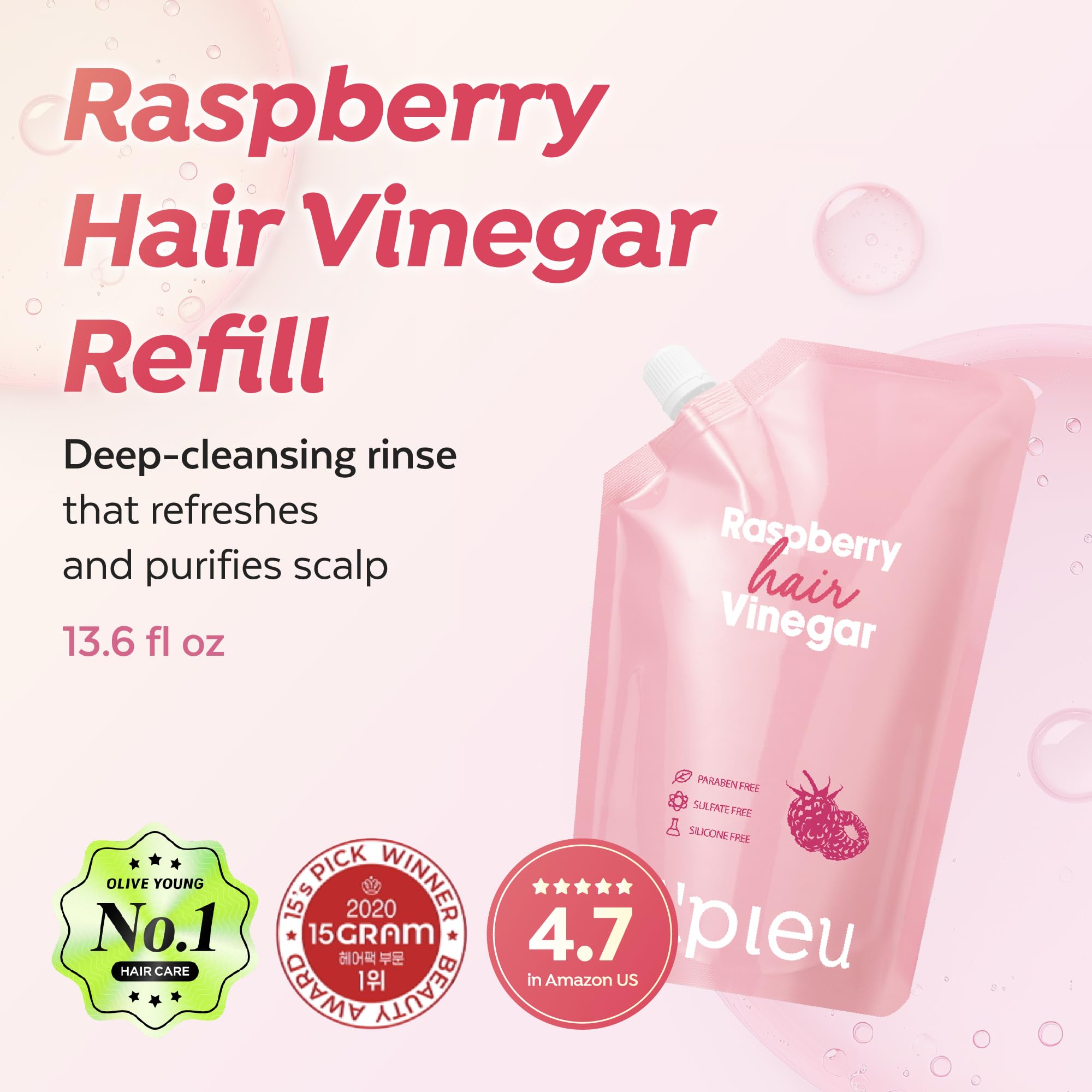 A'PIEU Raspberry Hair Vinegar bottle pour demonstrates quick, non-sticky rinse for refreshed scalp.