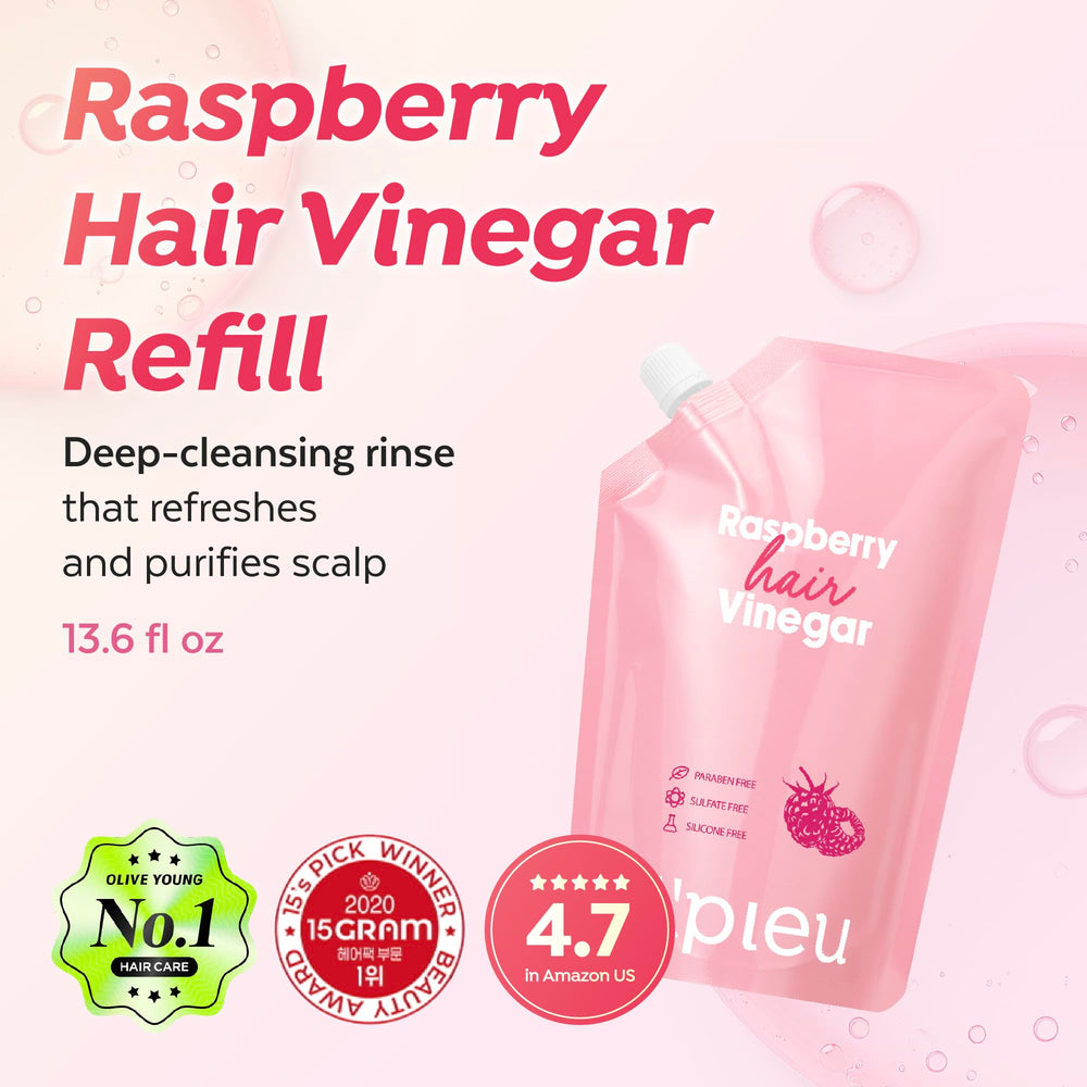 A'PIEU Raspberry Hair Vinegar bottle pour demonstrates quick, non-sticky rinse for refreshed scalp.
