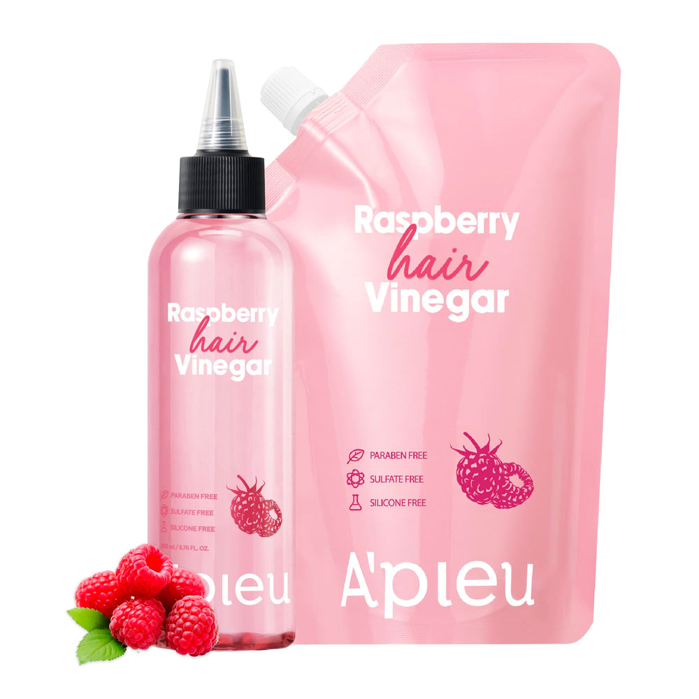 A'PIEU Raspberry Hair Vinegar bottle demonstrates pH balance for a healthier scalp.