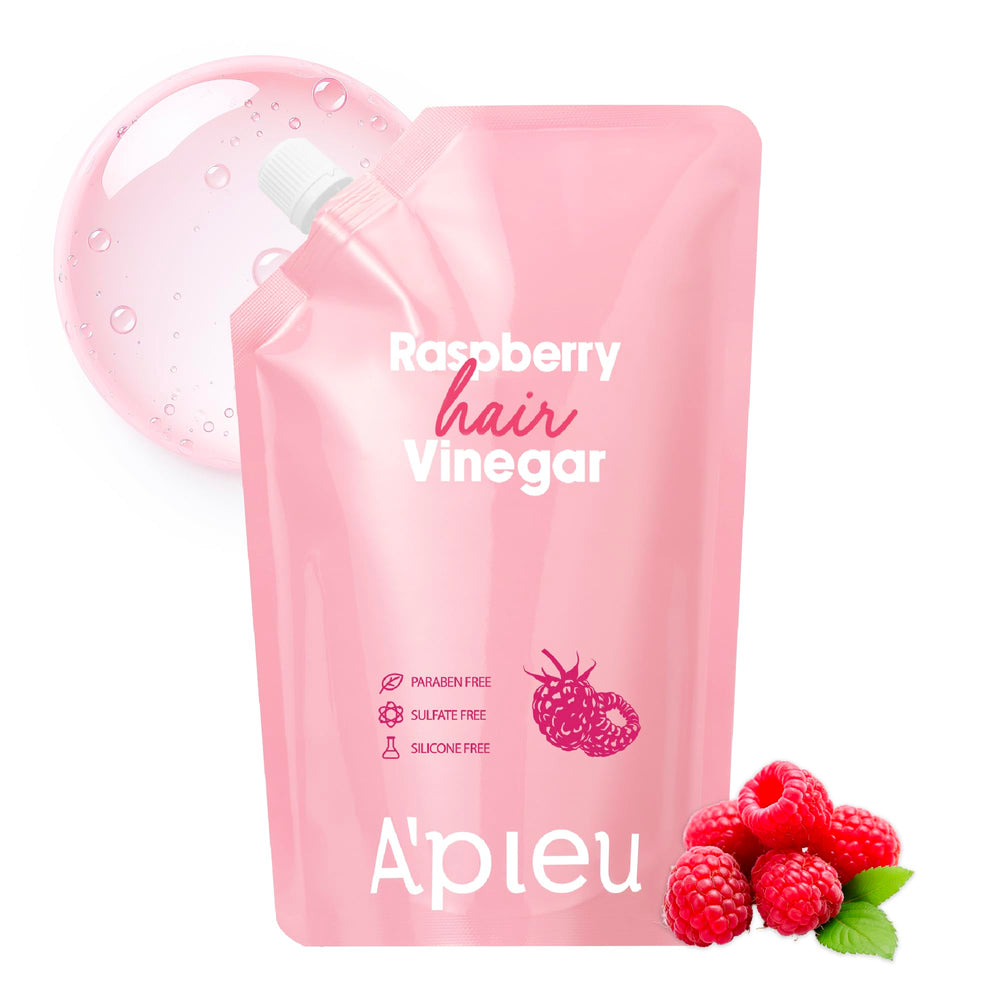 A'PIEU Raspberry Hair Vinegar refill-pack shows eco-friendly packaging and savings.