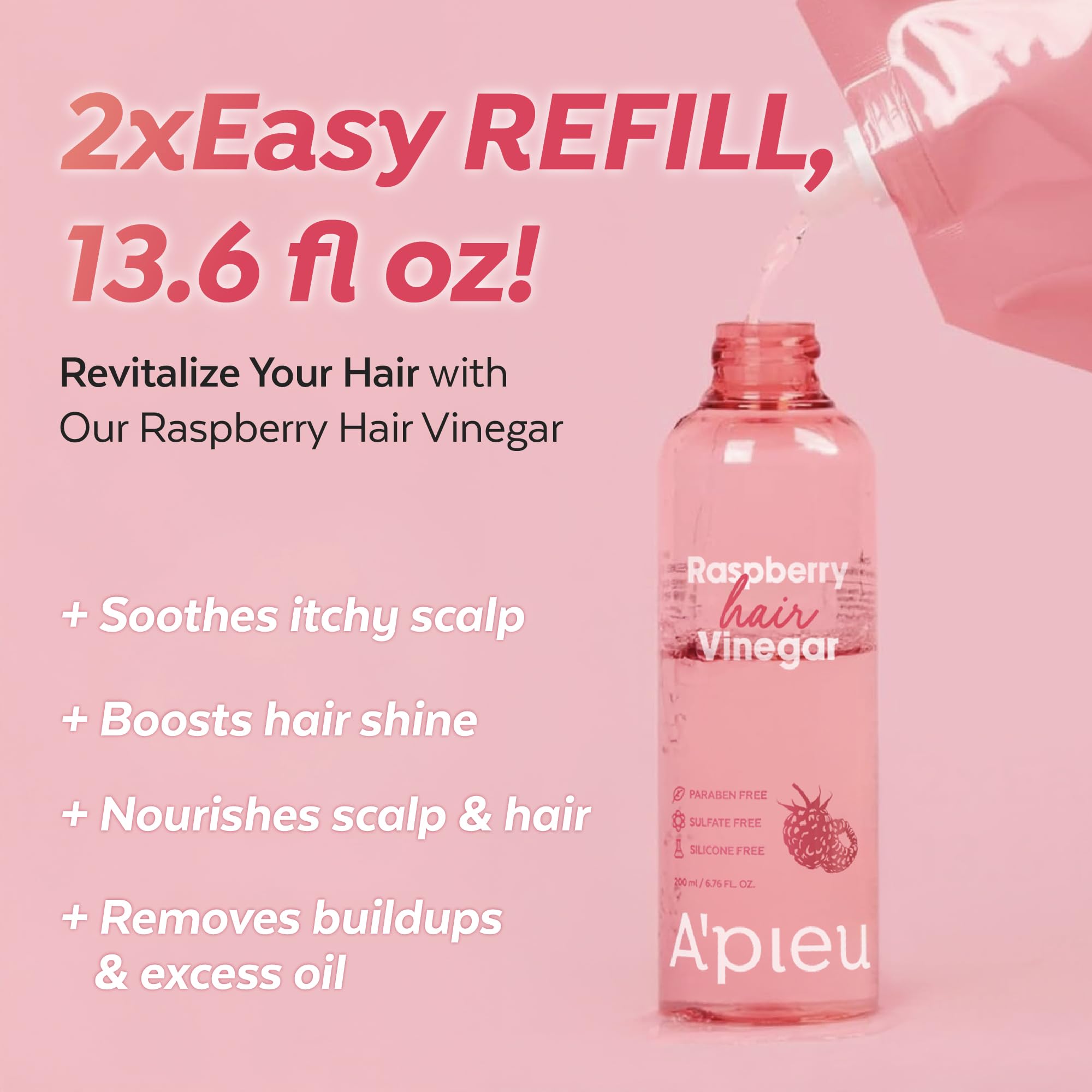 A'PIEU Raspberry Hair Vinegar rinse-usage illustrates scalp detox and buildup removal.