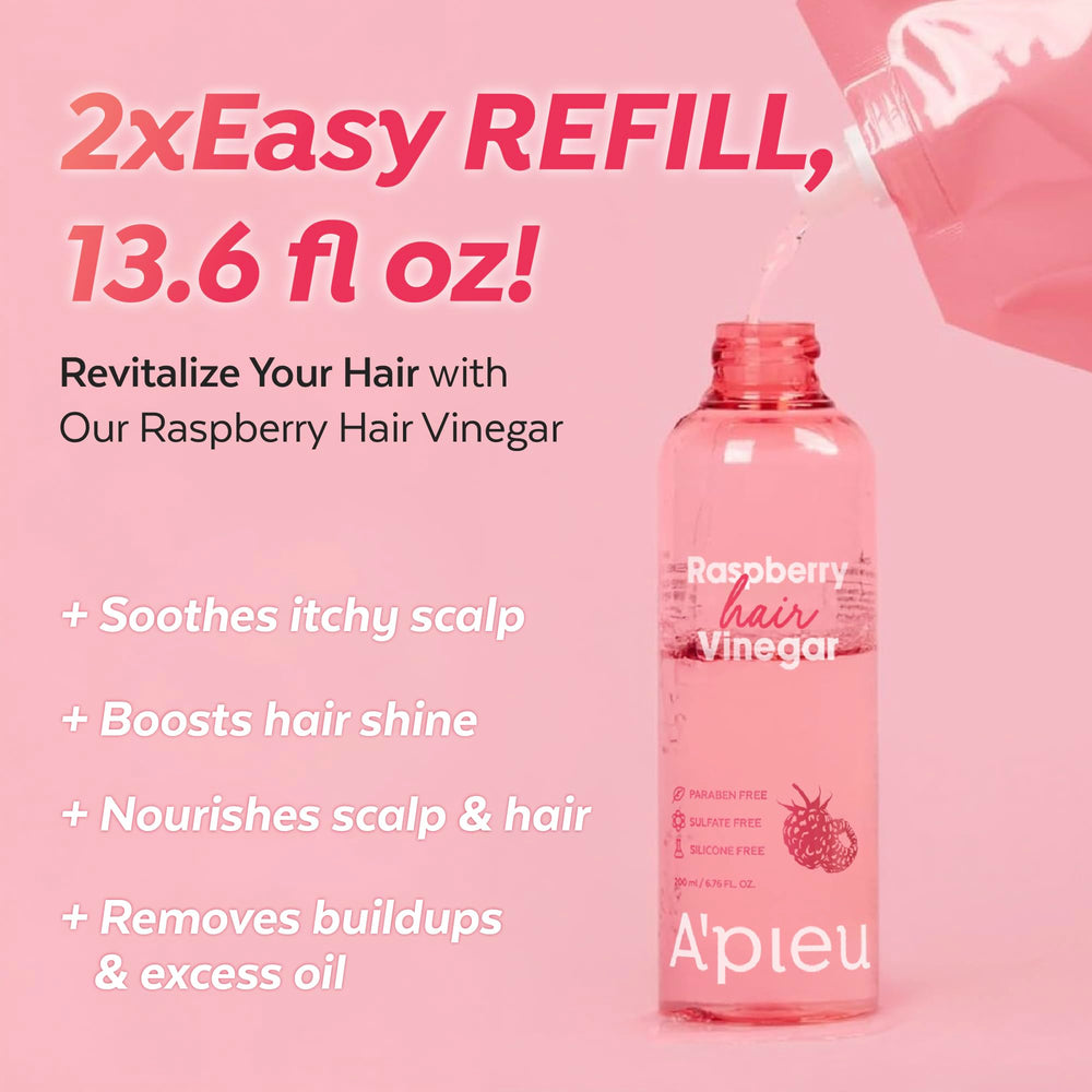 A'PIEU Raspberry Hair Vinegar rinse-usage illustrates scalp detox and buildup removal.