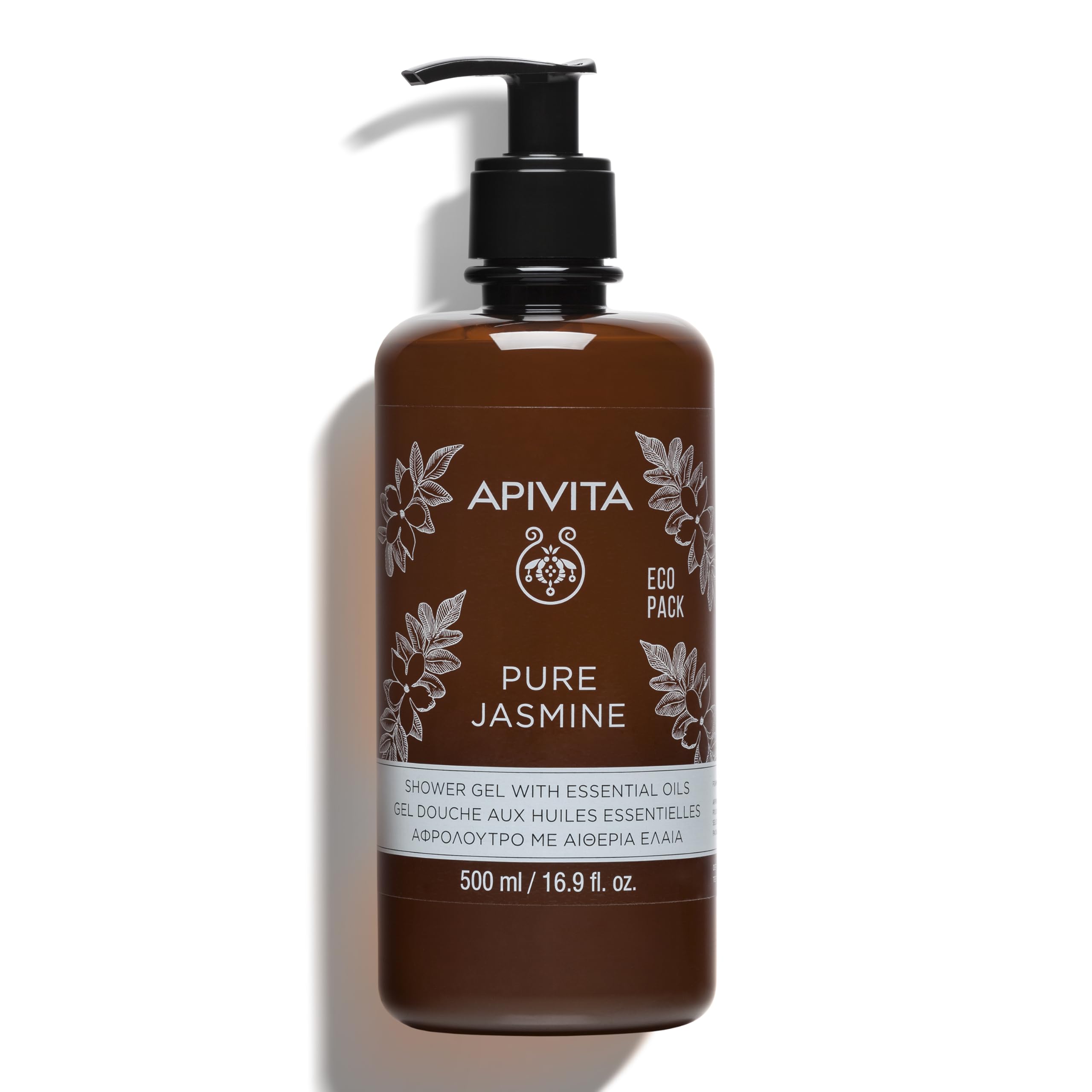 APIVITA Pure Jasmine Shower Gel bottle—gentle cleanse for daily skin comfort.