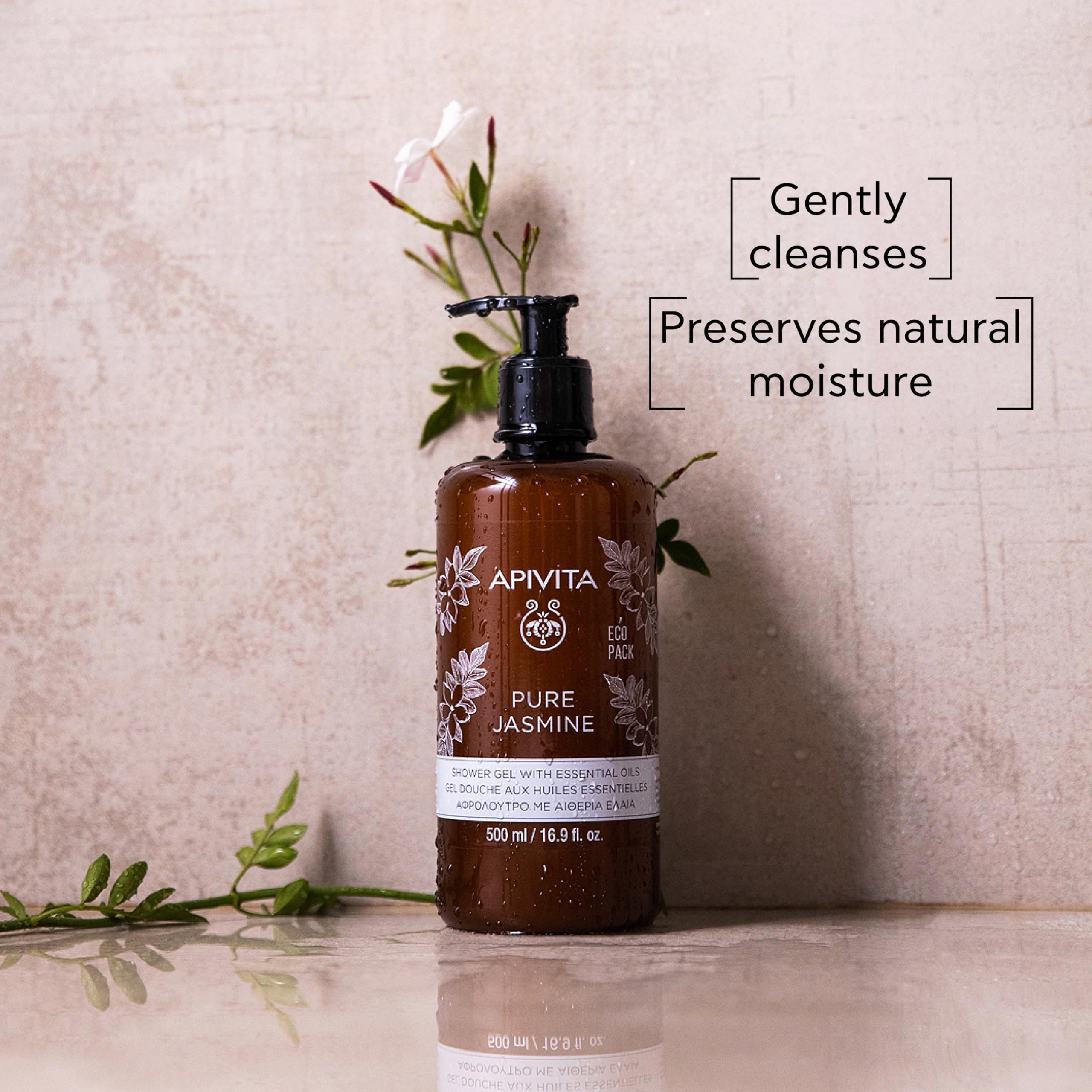 APIVITA Pure Jasmine Shower Gel jasmine-flowers closeup—aromatic mood uplift.