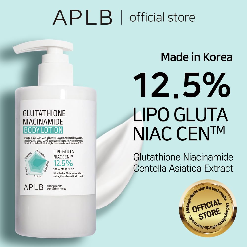 APLB Glutathione Niacinamide Body Lotion label highlighting key ingredients.