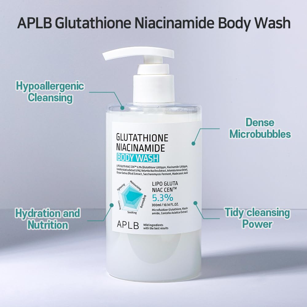 APLB Glutathione Niacinamide Body Wash Centella 3x Complex conveys soothing skin support.