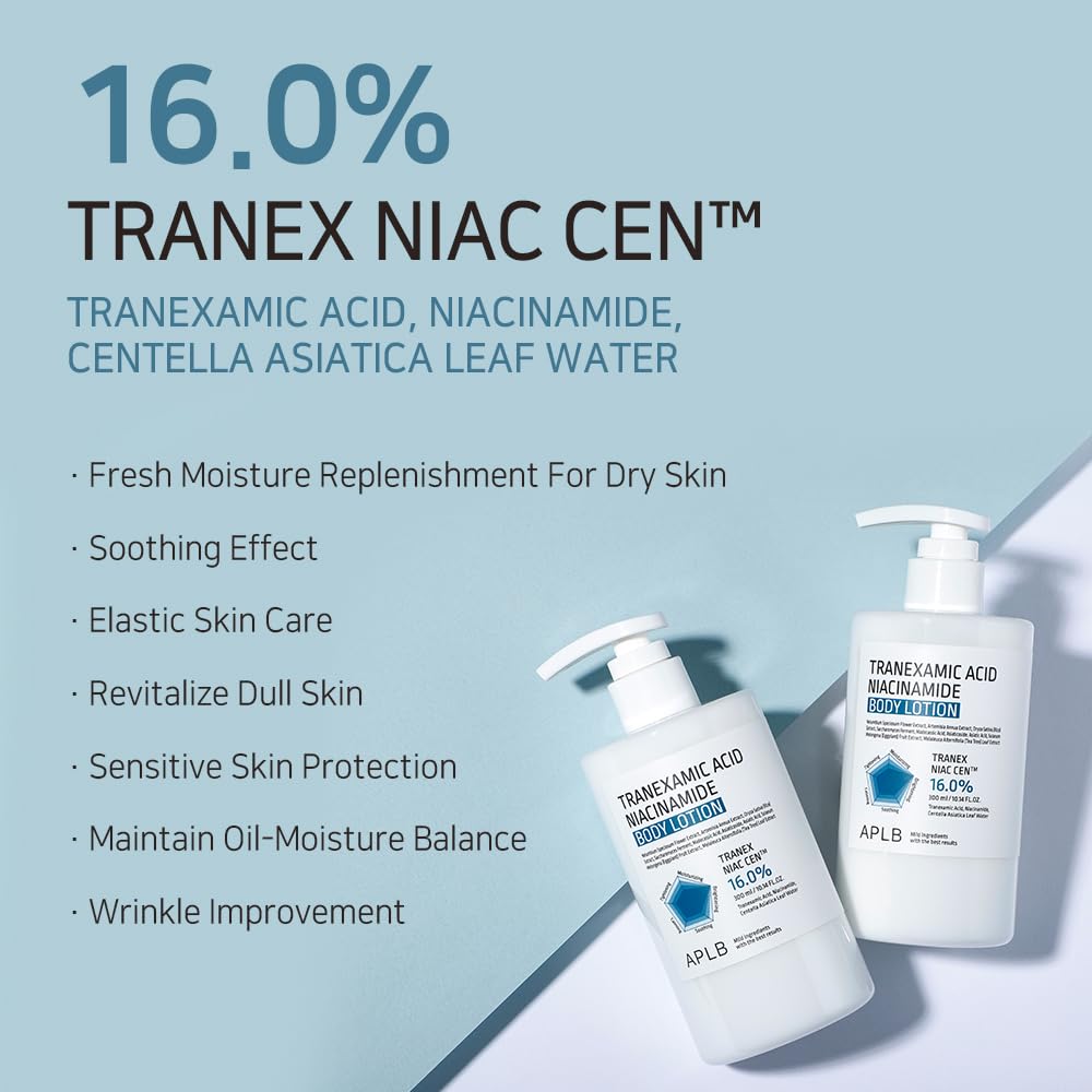 APLB Tranex Niacin Cen lotion packaging with sleek design and ingredient highlights