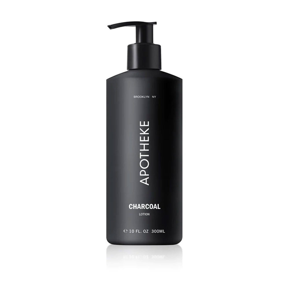 APOTHEKE Charcoal Lotion bottle shows fast-absorbing hydration for dry skin.
