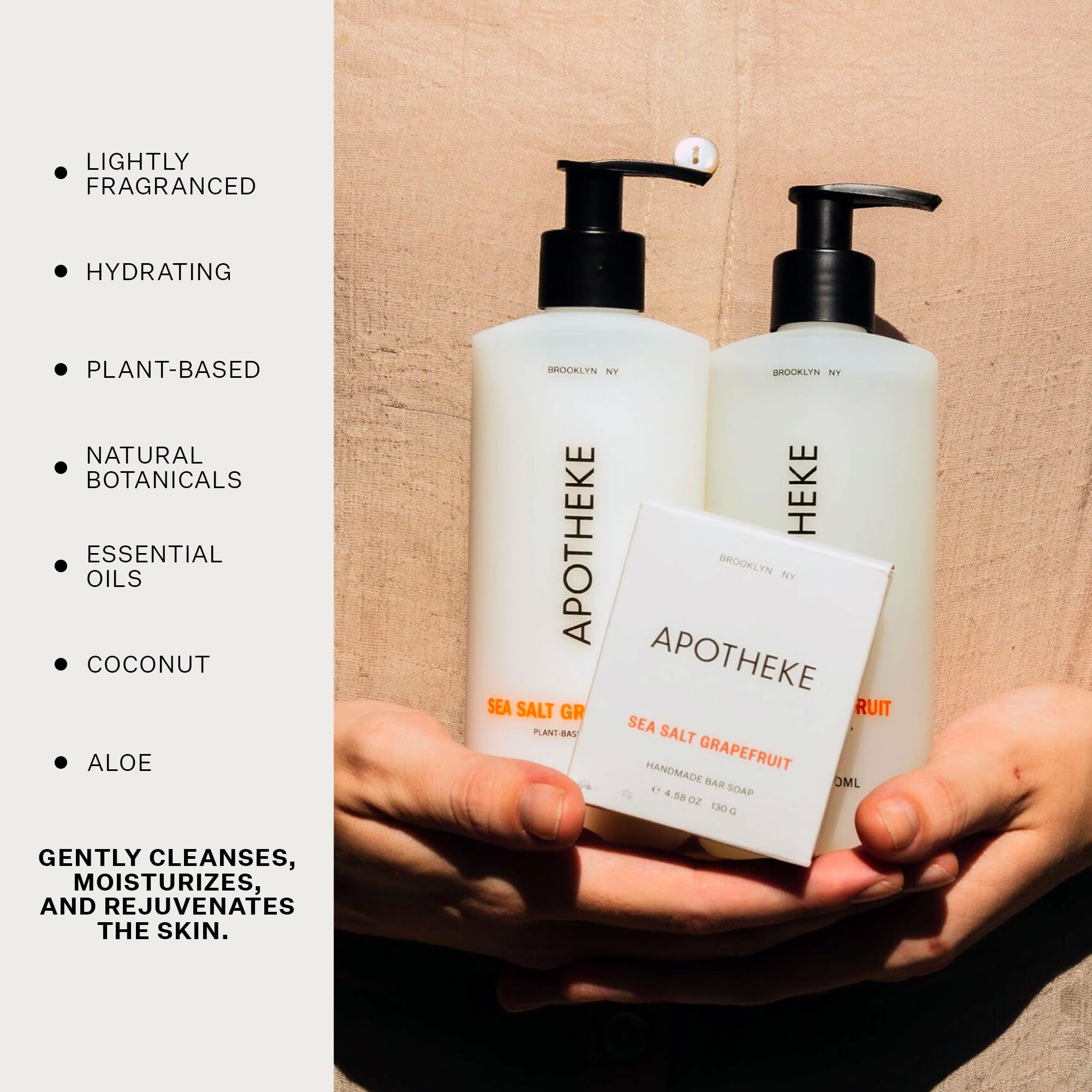 APOTHEKE hand soap features coconut and aloe for moisturized skin after use
