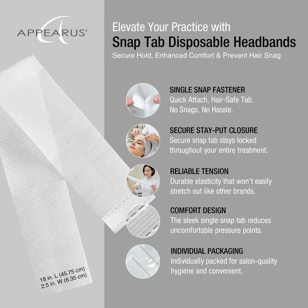 APPEARUS single-snap tab enables quick attachment during facials.