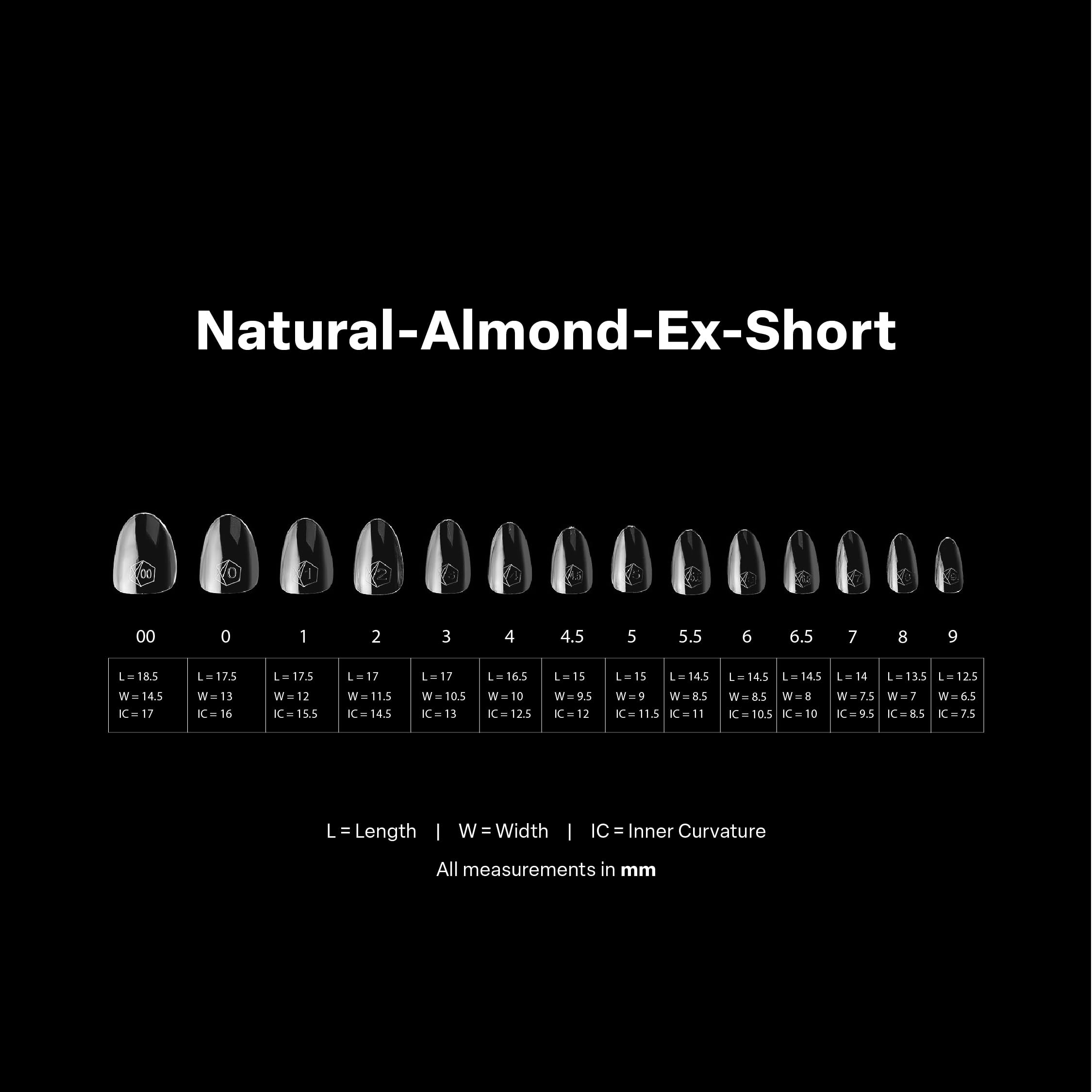 APRÉS Gel-X Almond natural line flat surface for smoother overlays and wide nail beds.